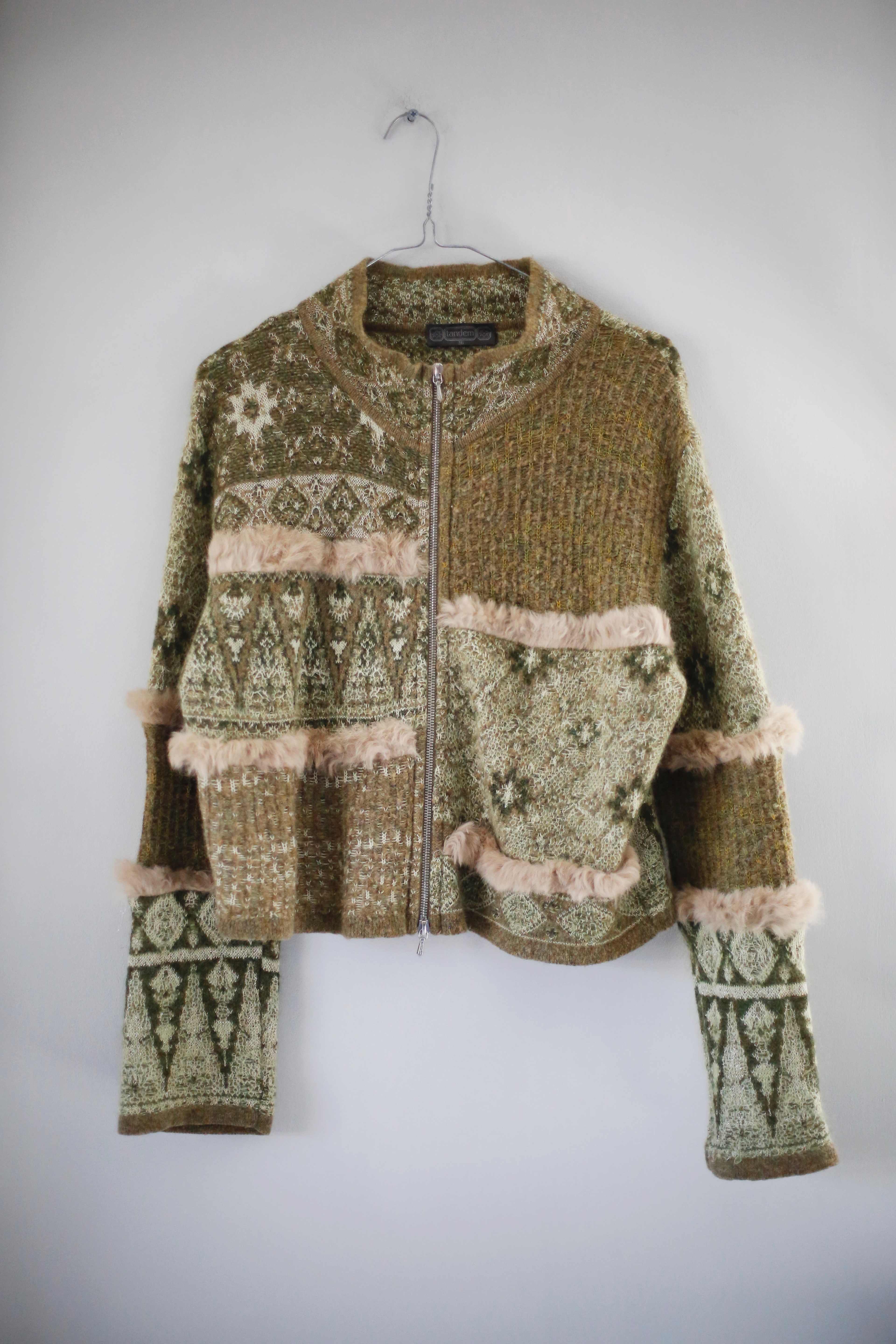 Tandem Jacke grün gestrickt 36 S Olivgrün Felljacke Cardigan Hoodie Zipper