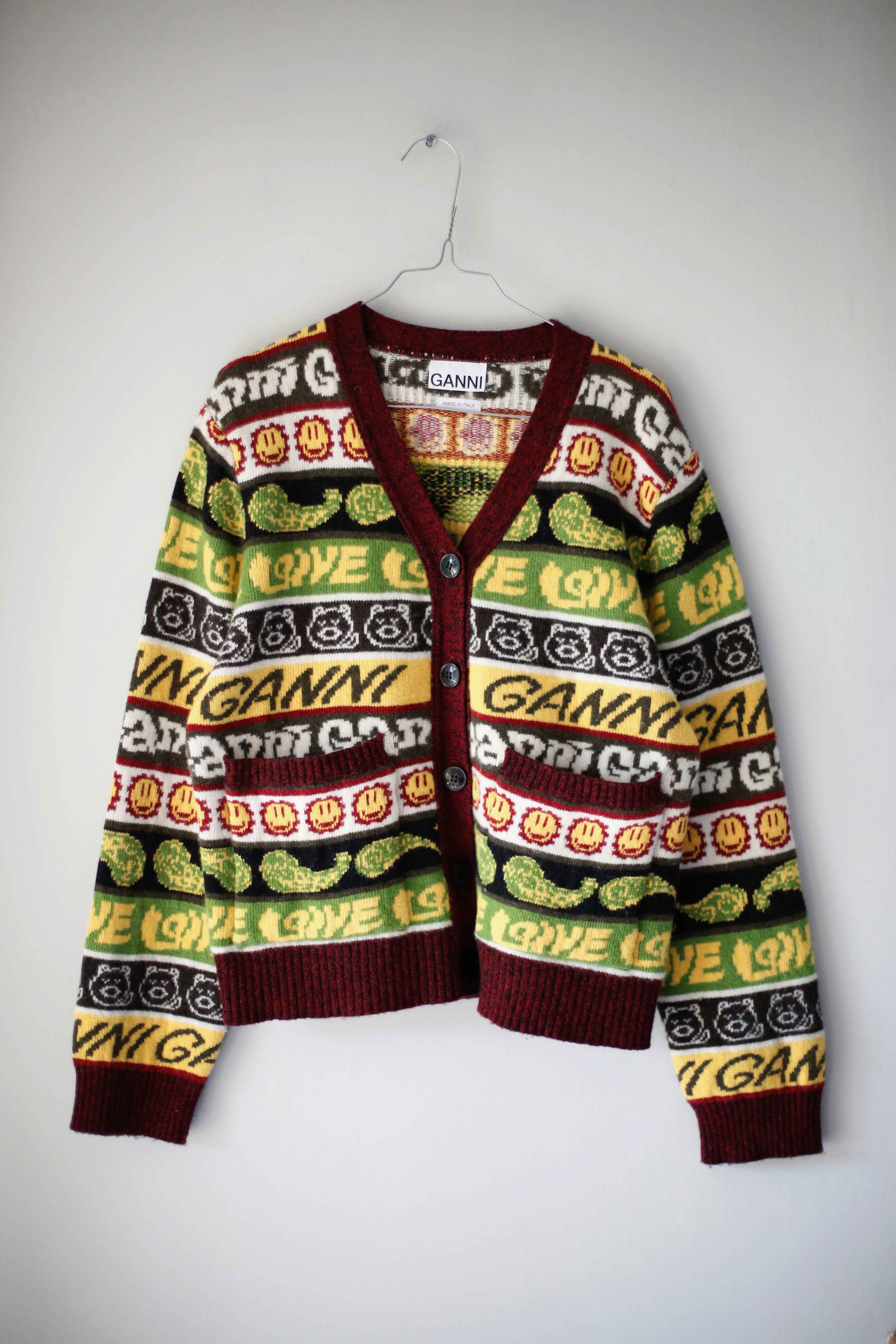 Ganni Cardigan Jacke Strickjacke Wolle grün gelb gestrickt Jacke