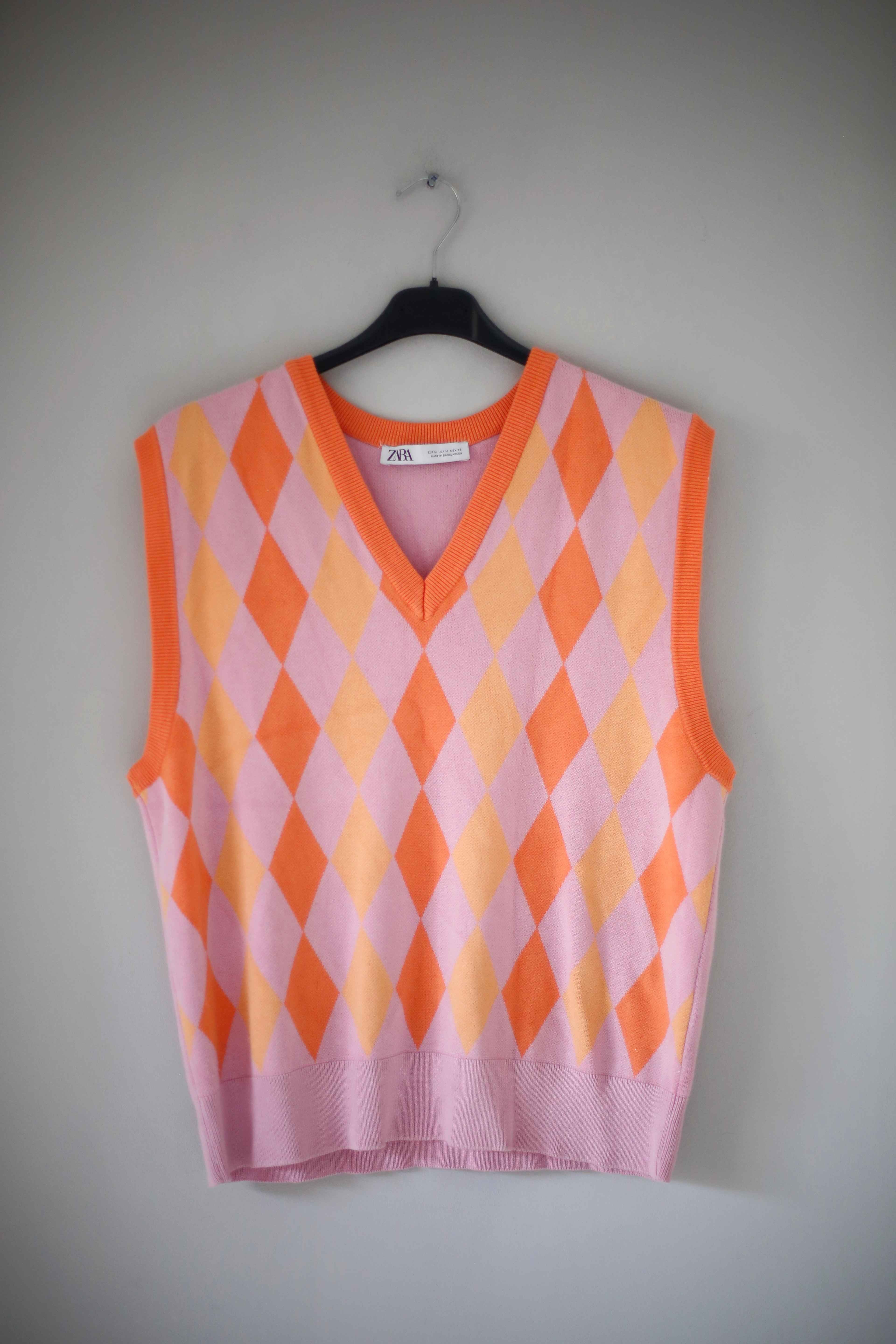 Zara Weste Rauten Rosa Cardigan grafisch Orange 38 M Oberteil