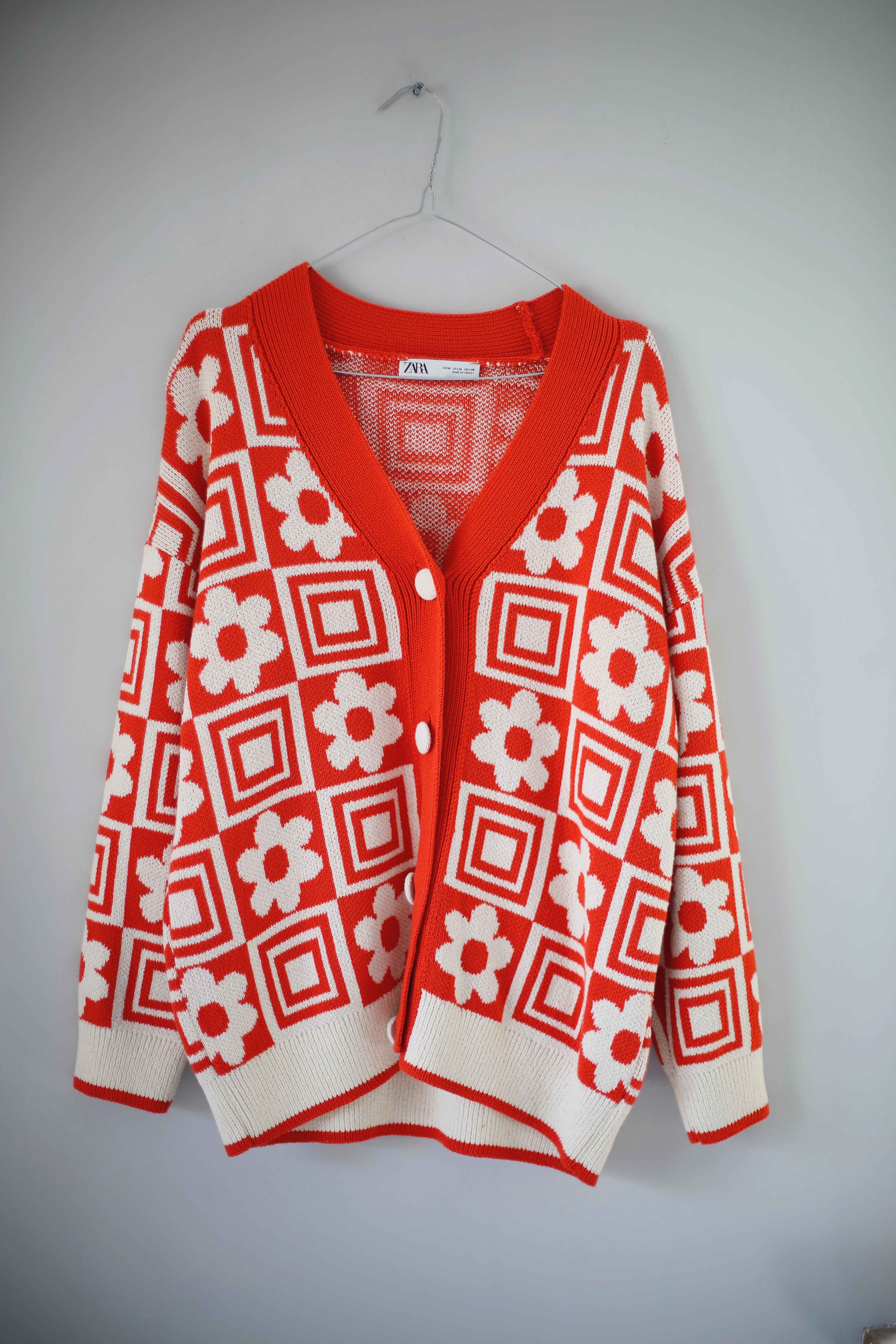 Zara Strickjacke Cardigan Orange weiß Blumen Muster 38 M Jacke