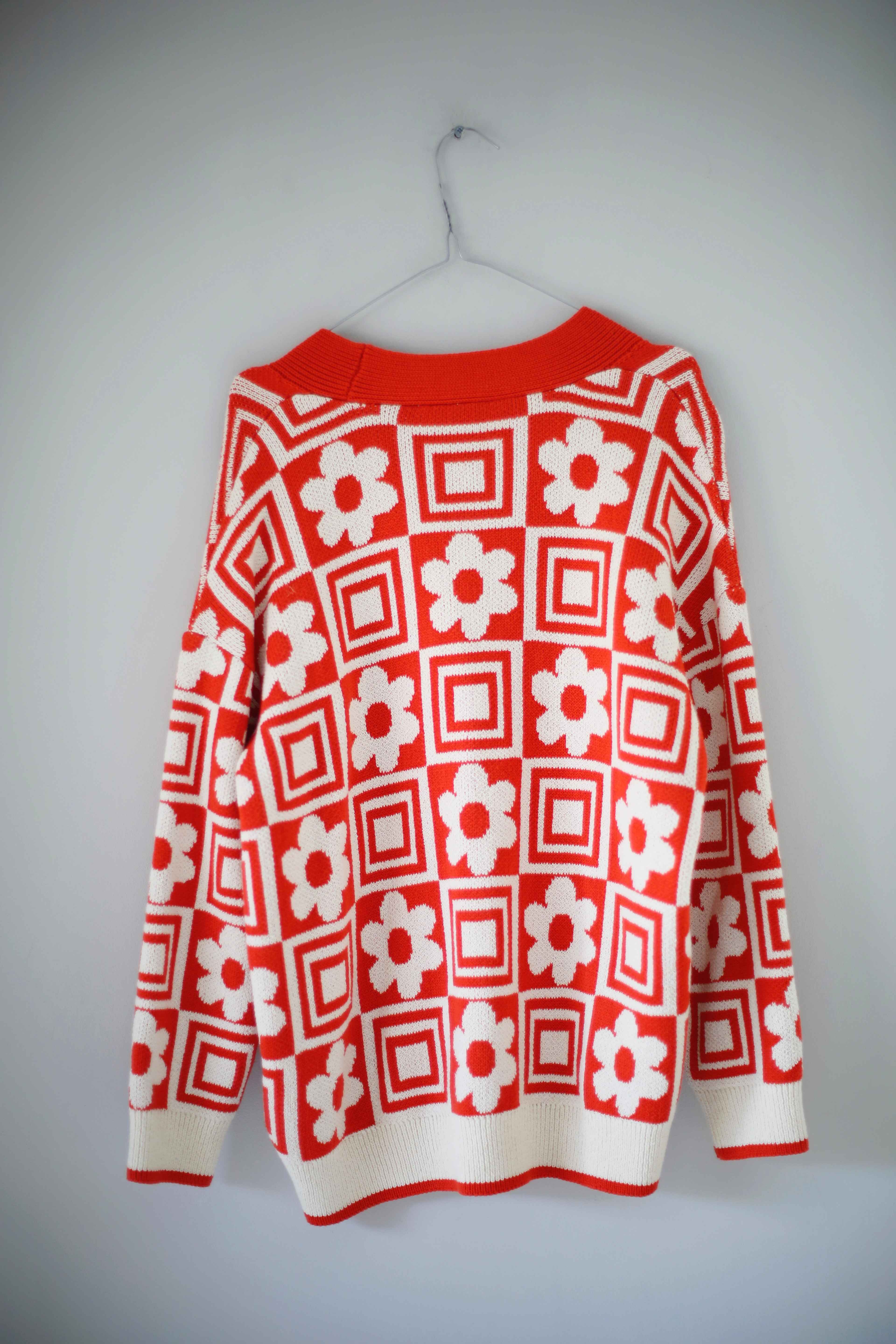 Zara Strickjacke Cardigan Orange weiß Blumen Muster 38 M Jacke