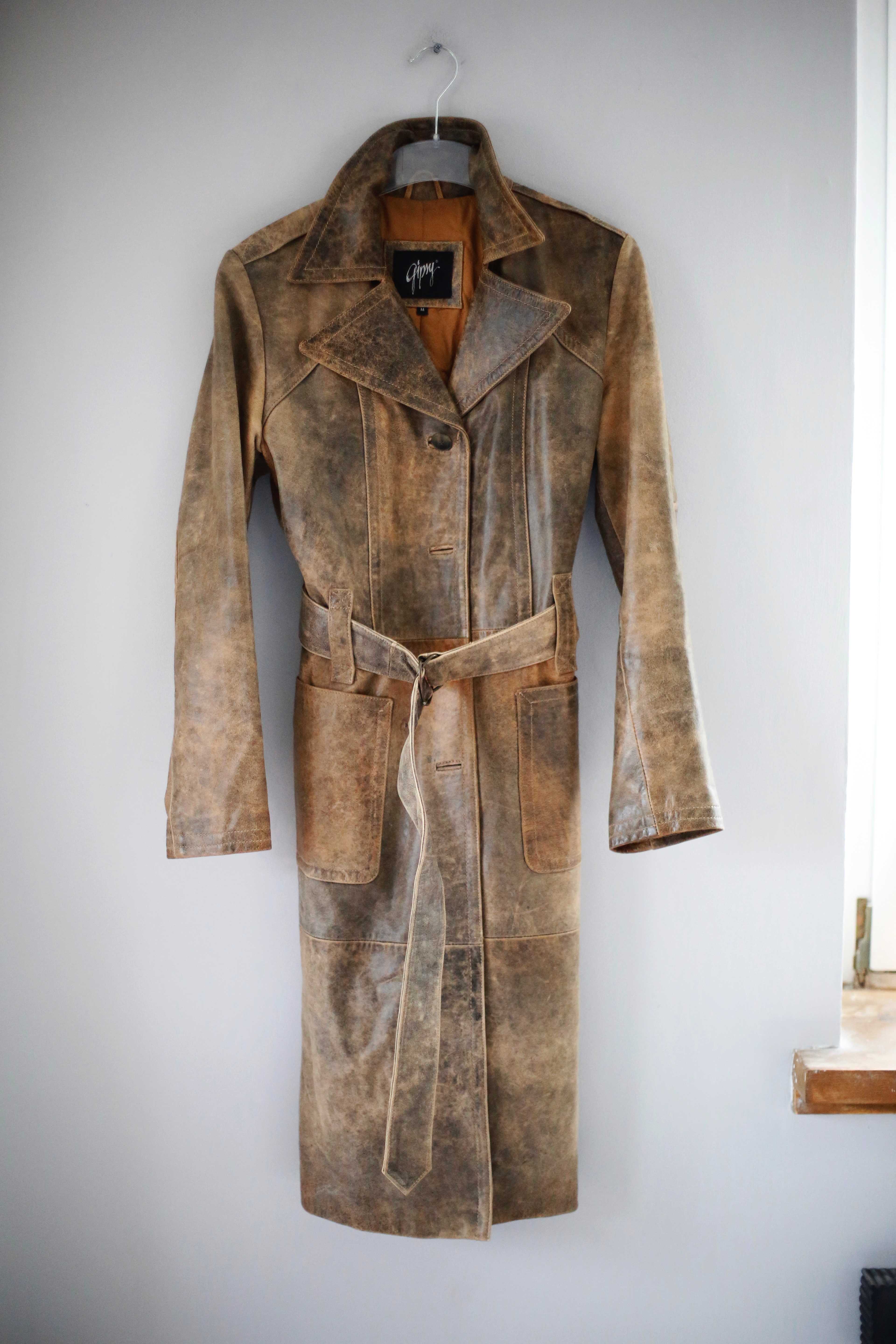 Gipsy Mantel Ledermantel Braun 38 M Beige Trenchcoat Wickelmantel Glattleder