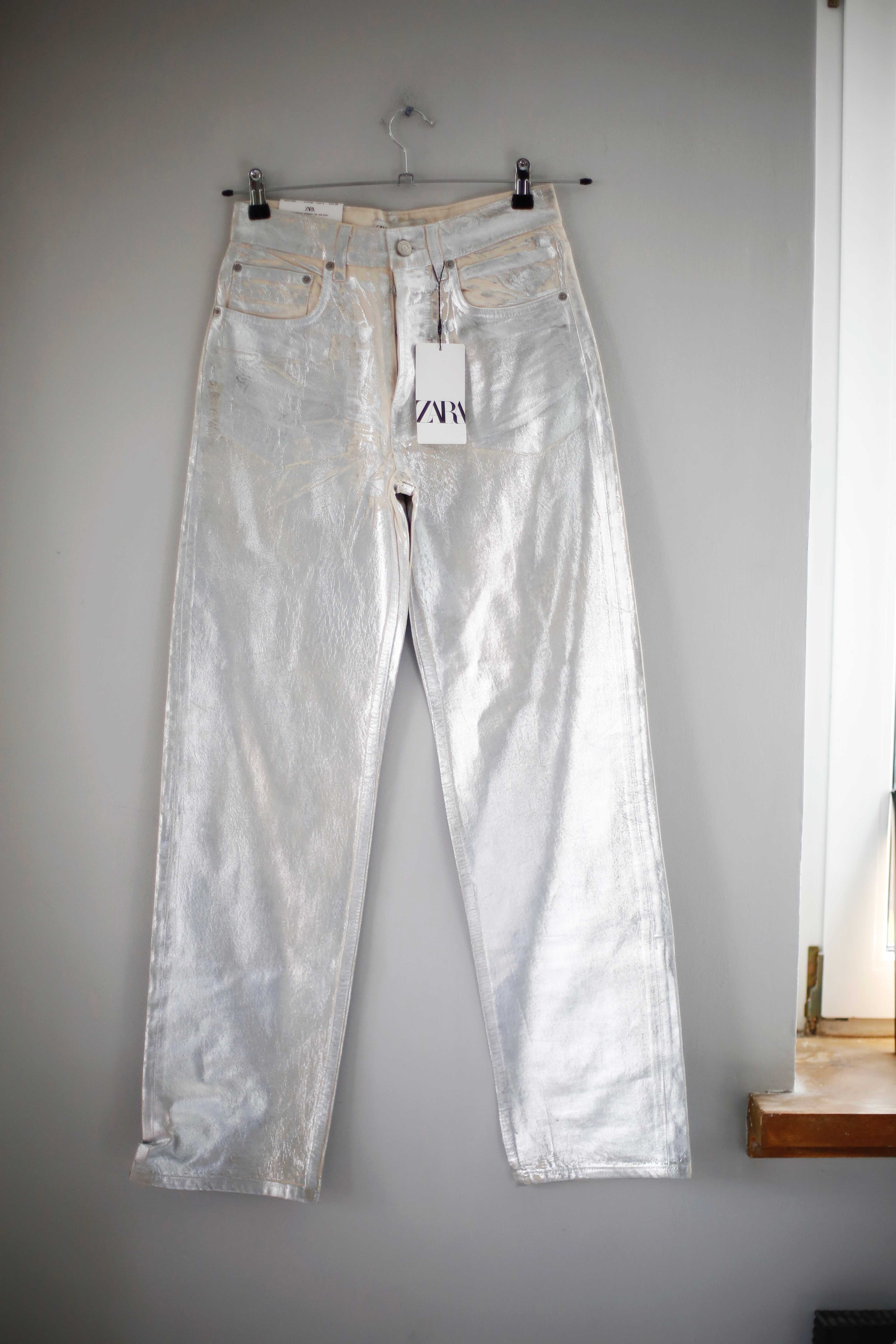 Zara Hose Neu Metallic 36 S Silber weiß The boy boy fit straight weiss