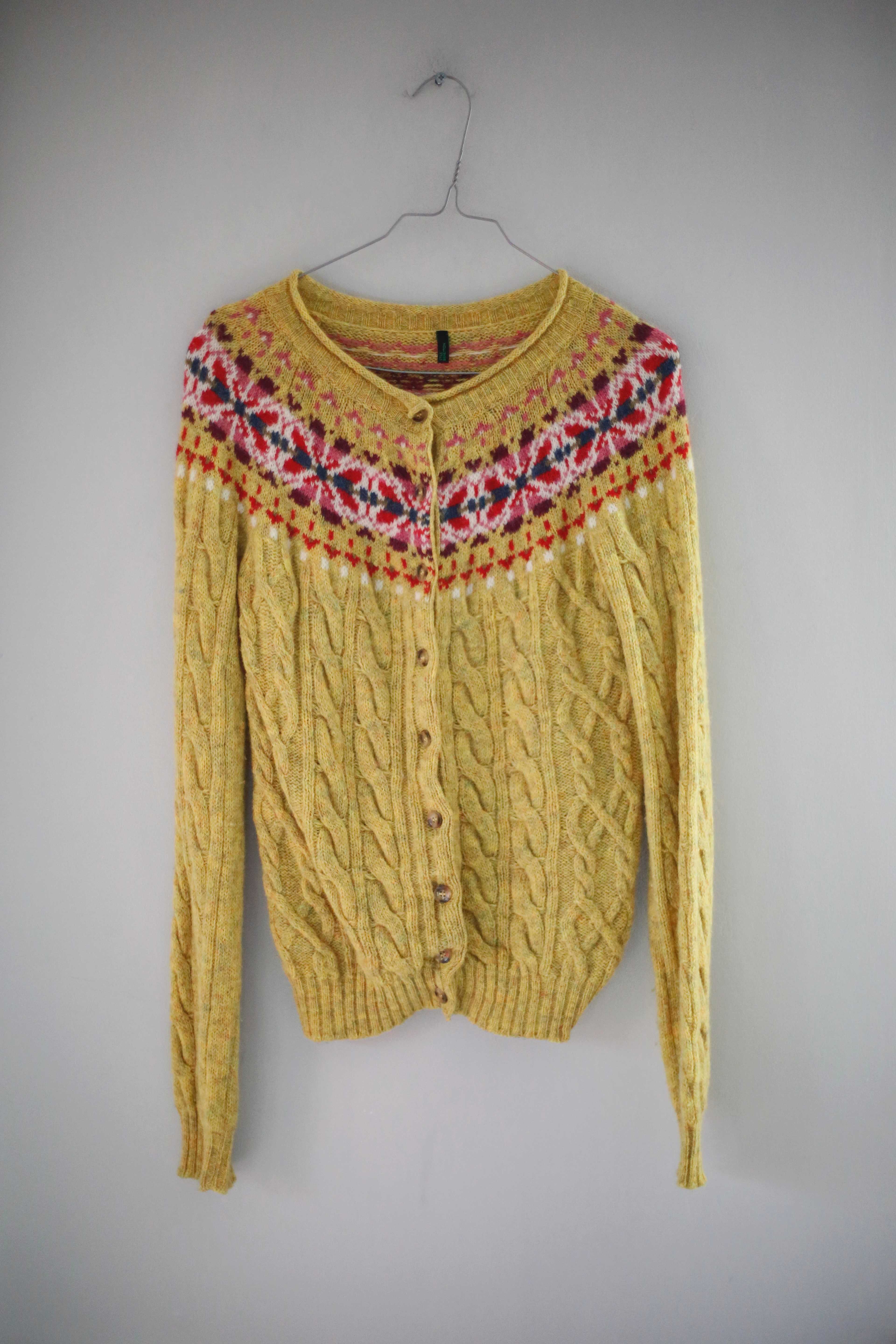 United Colors of Benetton Strickjacke 36 S gestrickt Cardigan Zopfmuster Schurwolle