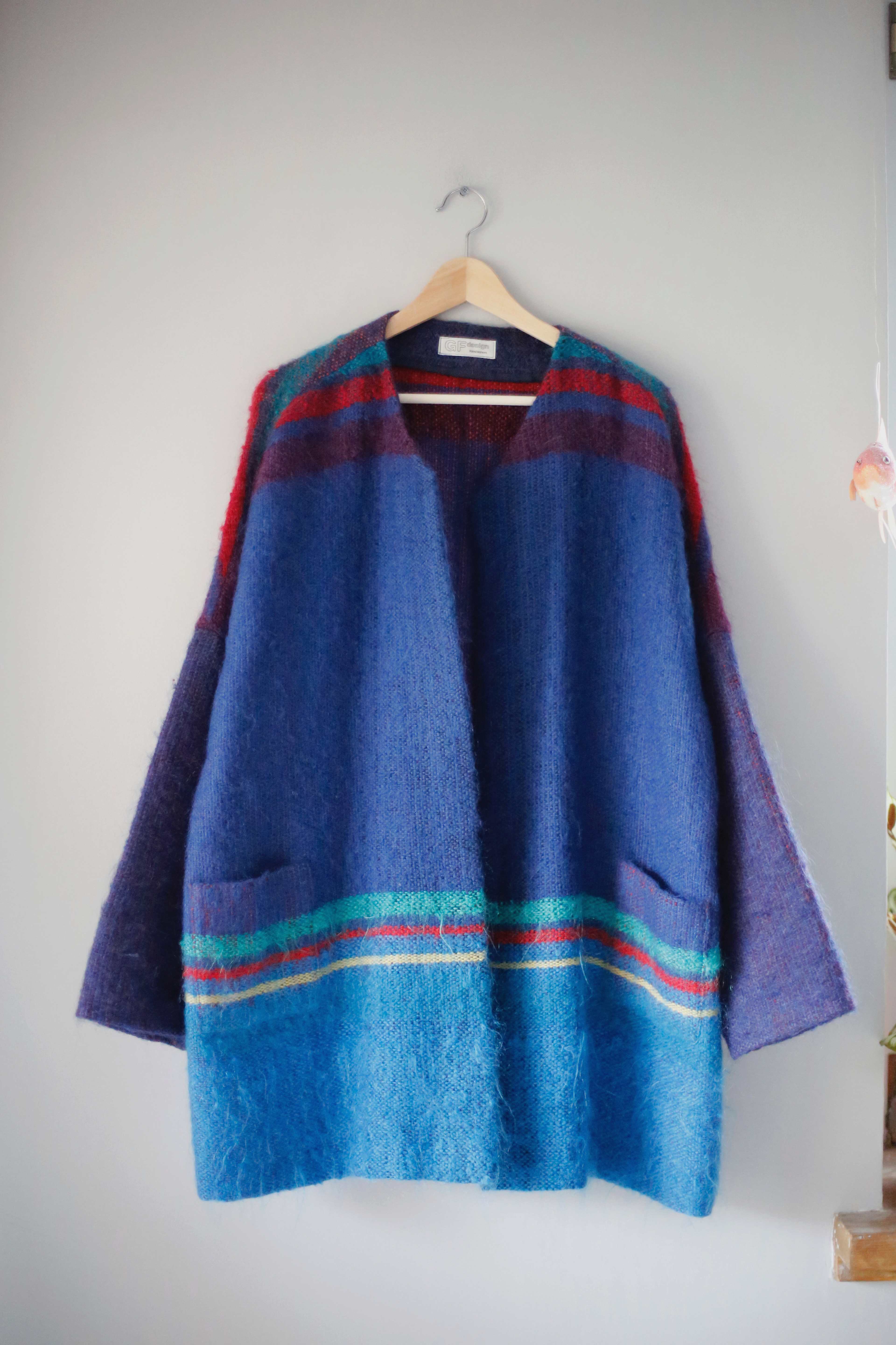 GF Design Strickjacke Blau Mohair Wolle Wollstrickjacke Handwoven M L Mantel Jacke