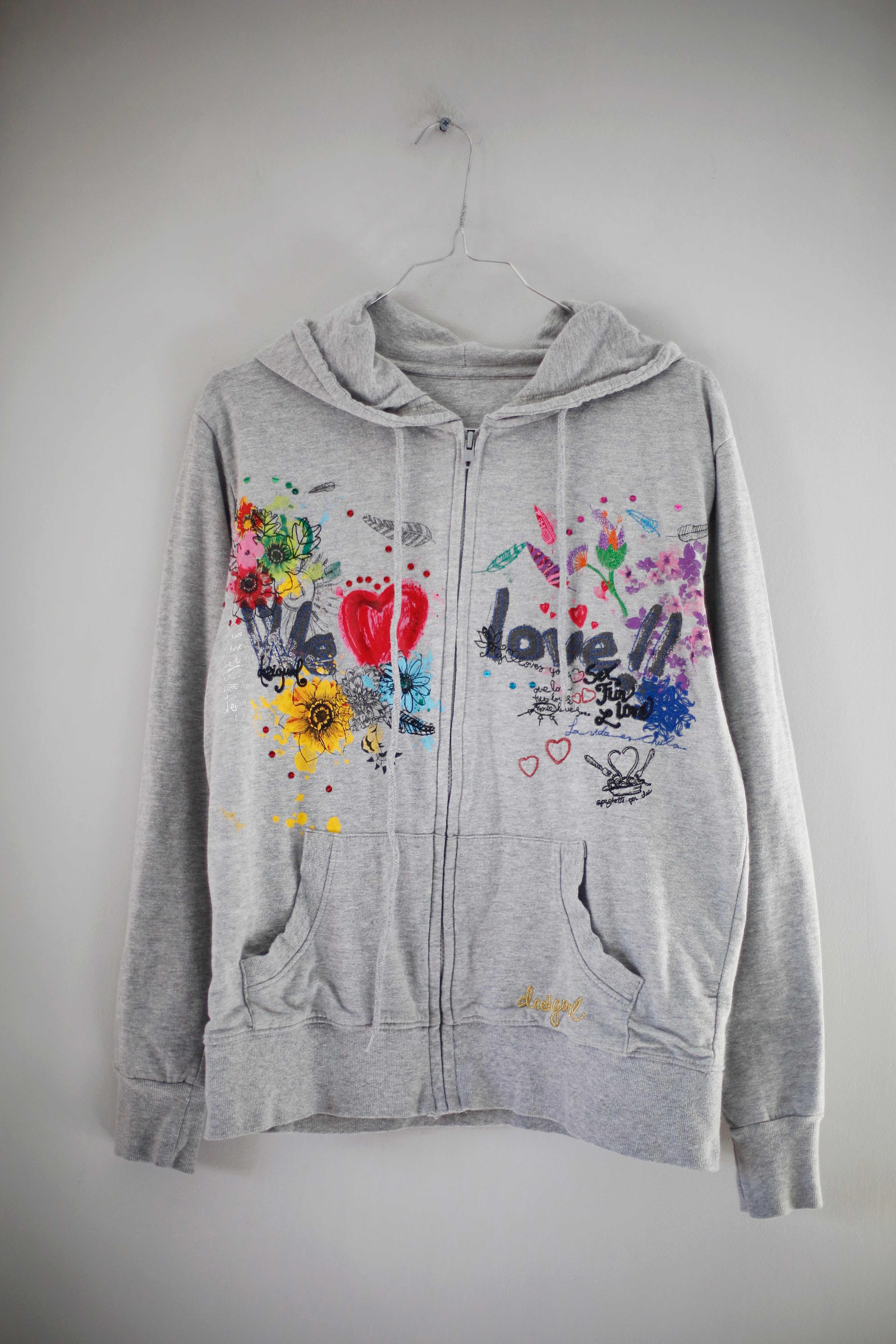 Desigual Strickjacke Hoodie Grau Zipper bestickt 38 M Cardigan Sweater