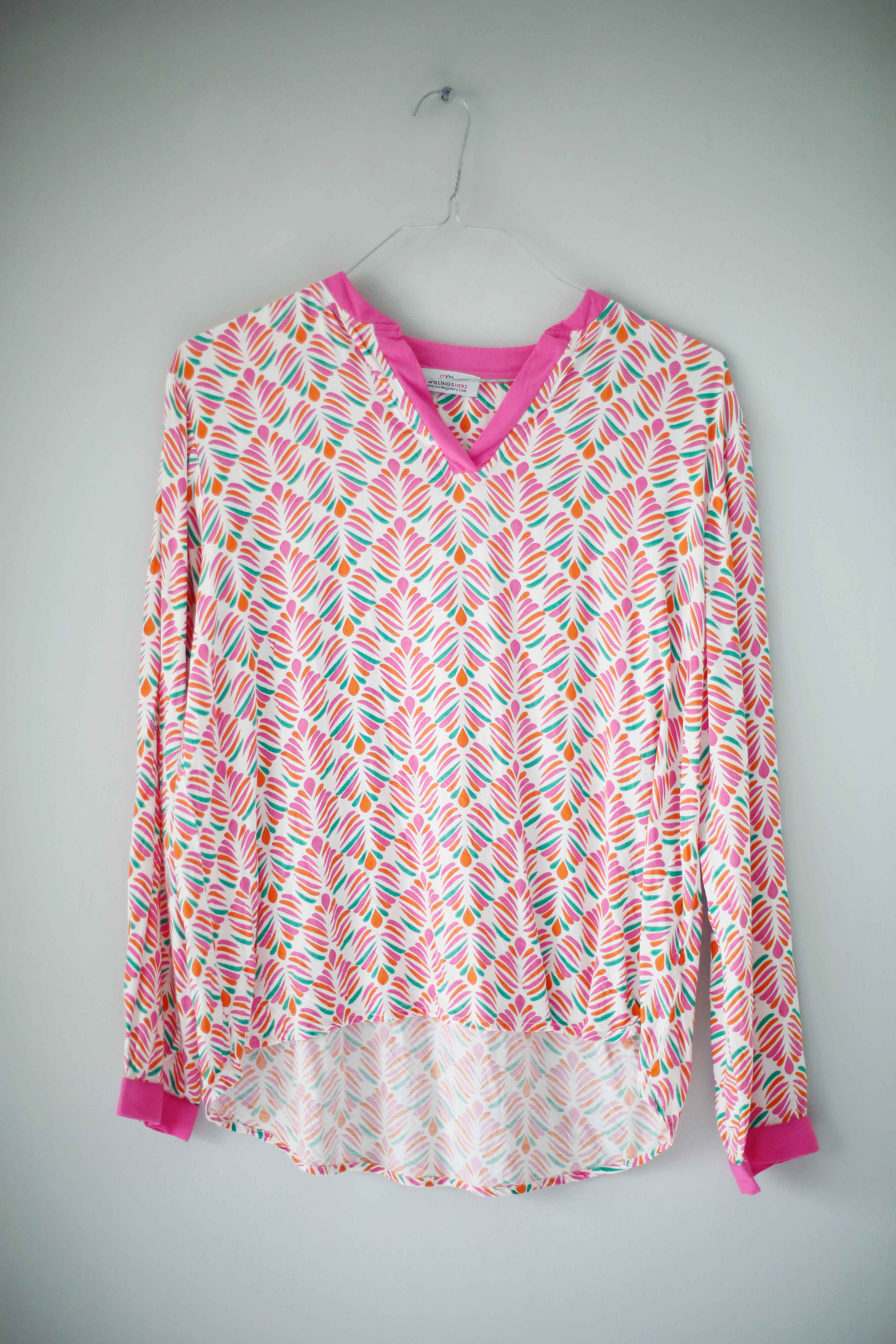 Zwillingsherz Bluse onesize Rosa Weiß Pink 40 L langarm V-Ausschnitt