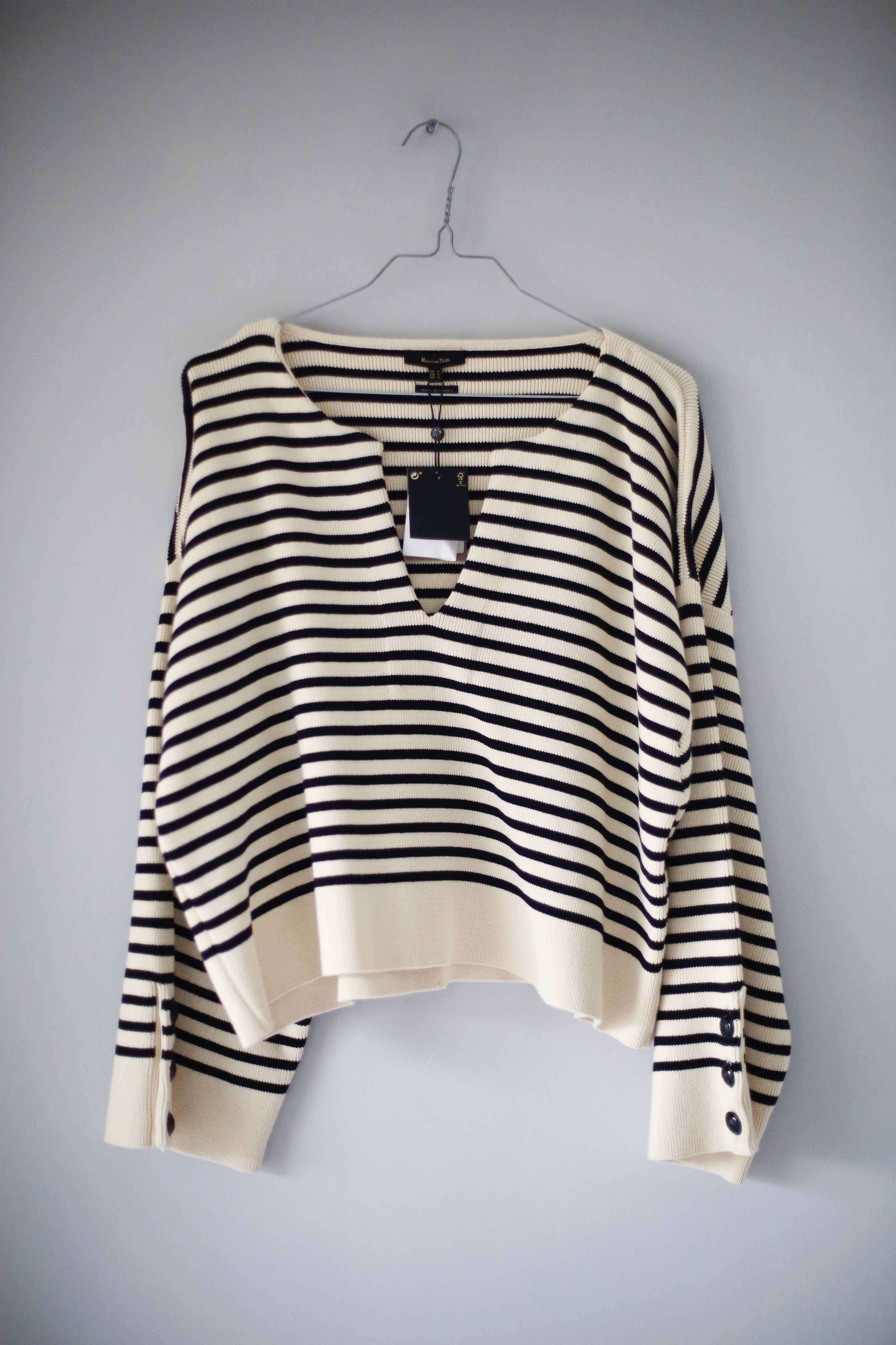 V Ausschnitt Gestreifter Baumwollpullover Massimo Dutti Pullover