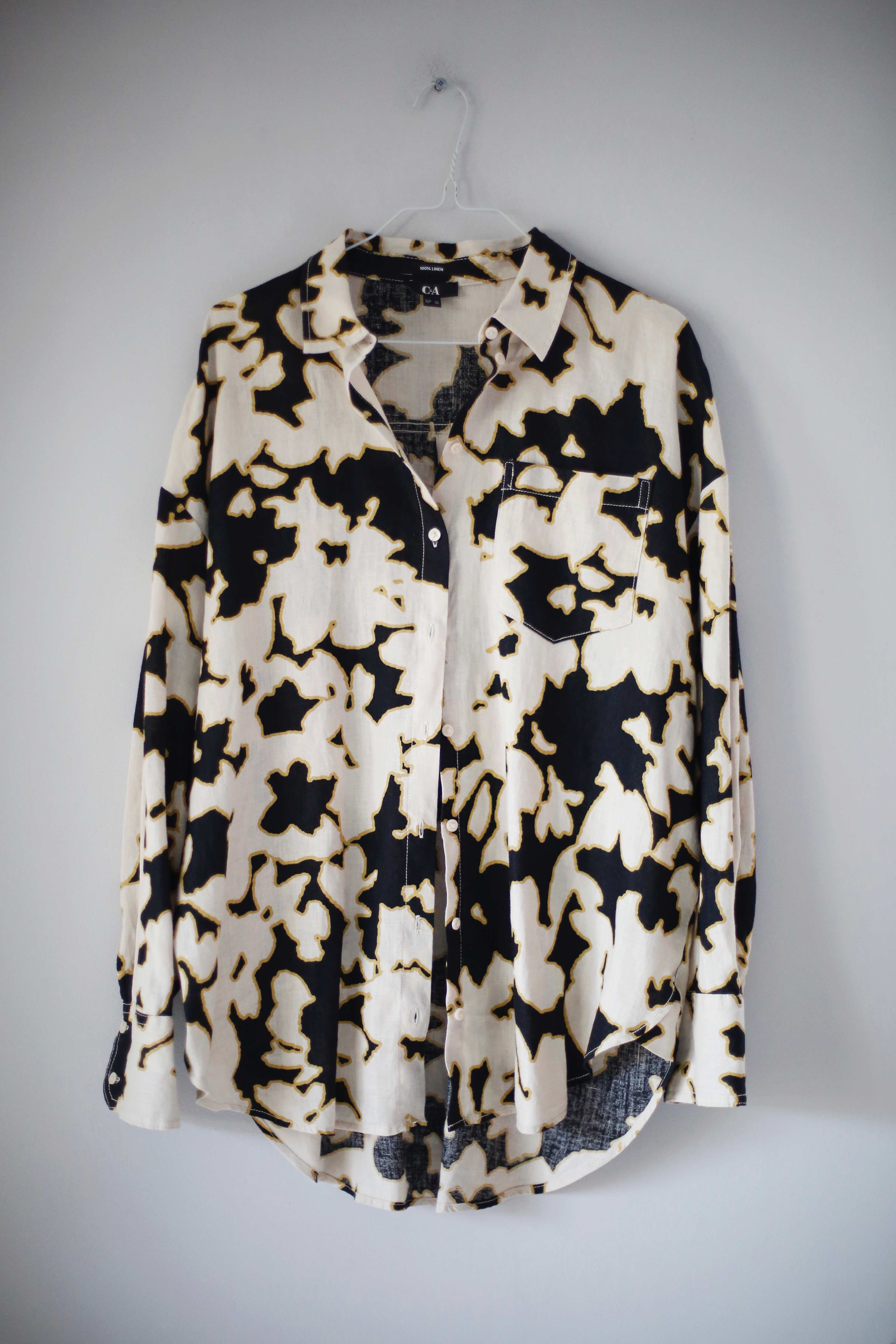 C&A Leinenbluse Bluse Hemd 36 S 38 M Schwarz Beige Gelb Leinen Muster