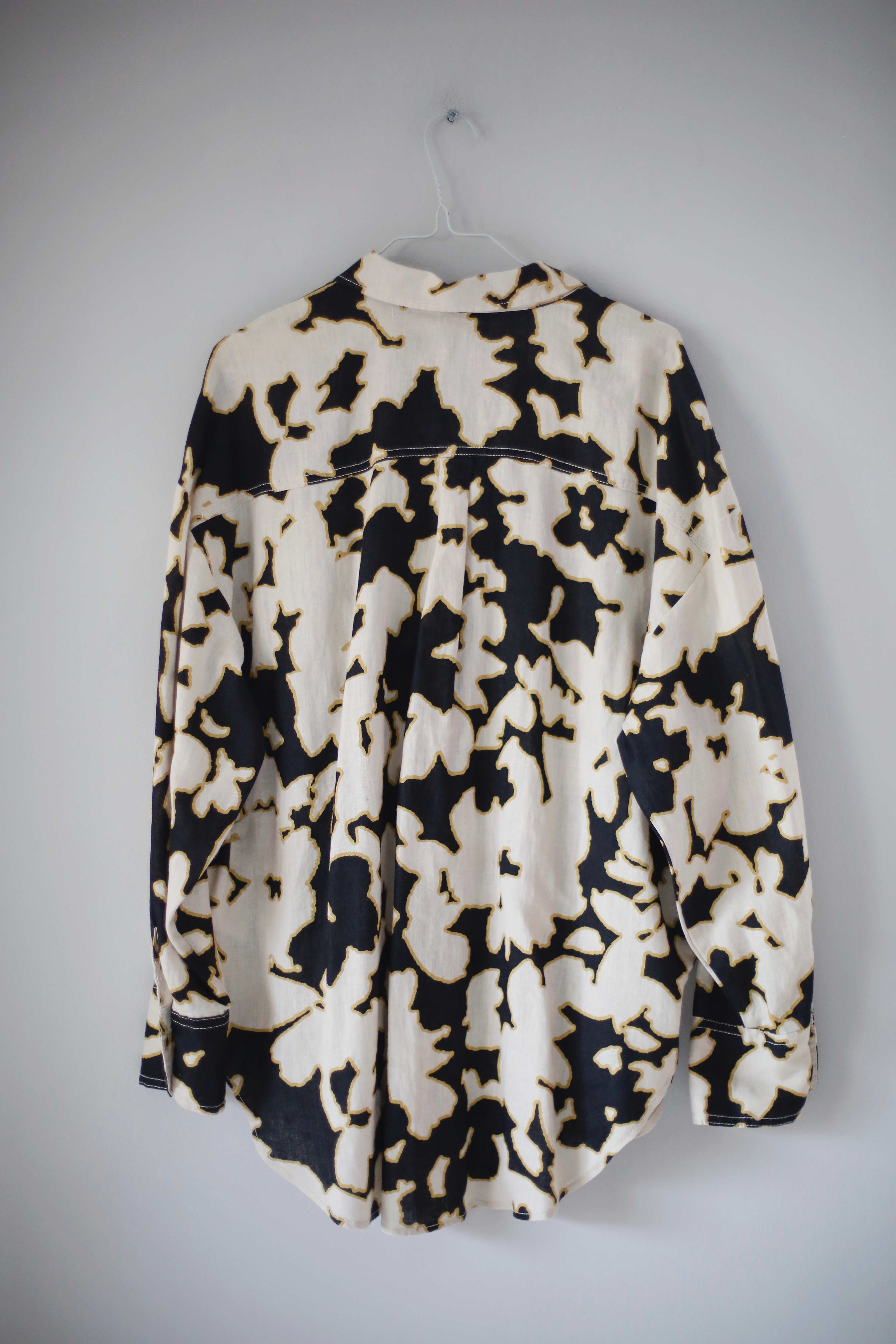 C&A Leinenbluse Bluse Hemd 36 S 38 M Schwarz Beige Gelb Leinen Muster