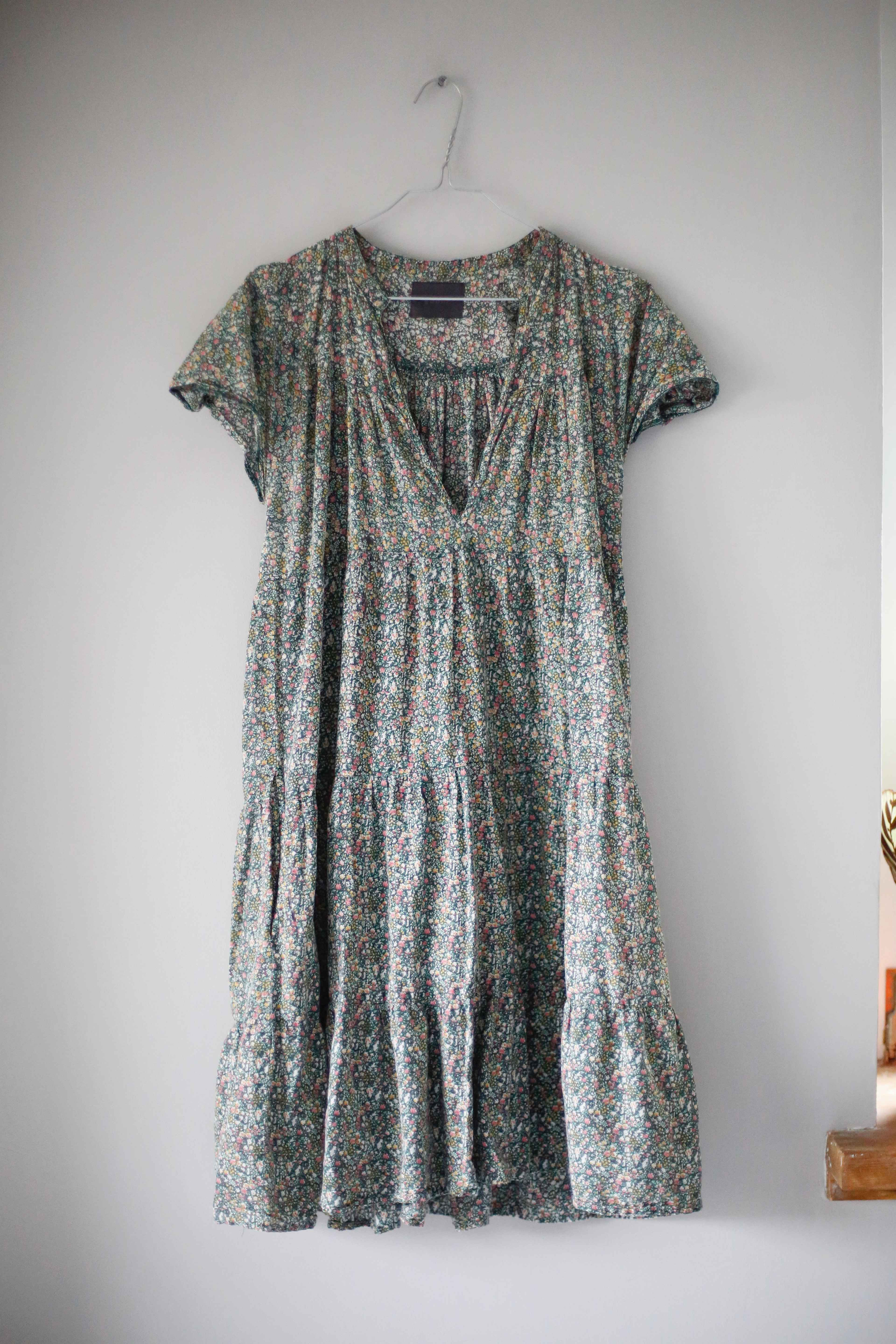 Ganni Kleid Midi Midikleid Sommerkleid Grün Blumen 38 M 40 L kurzärmlig