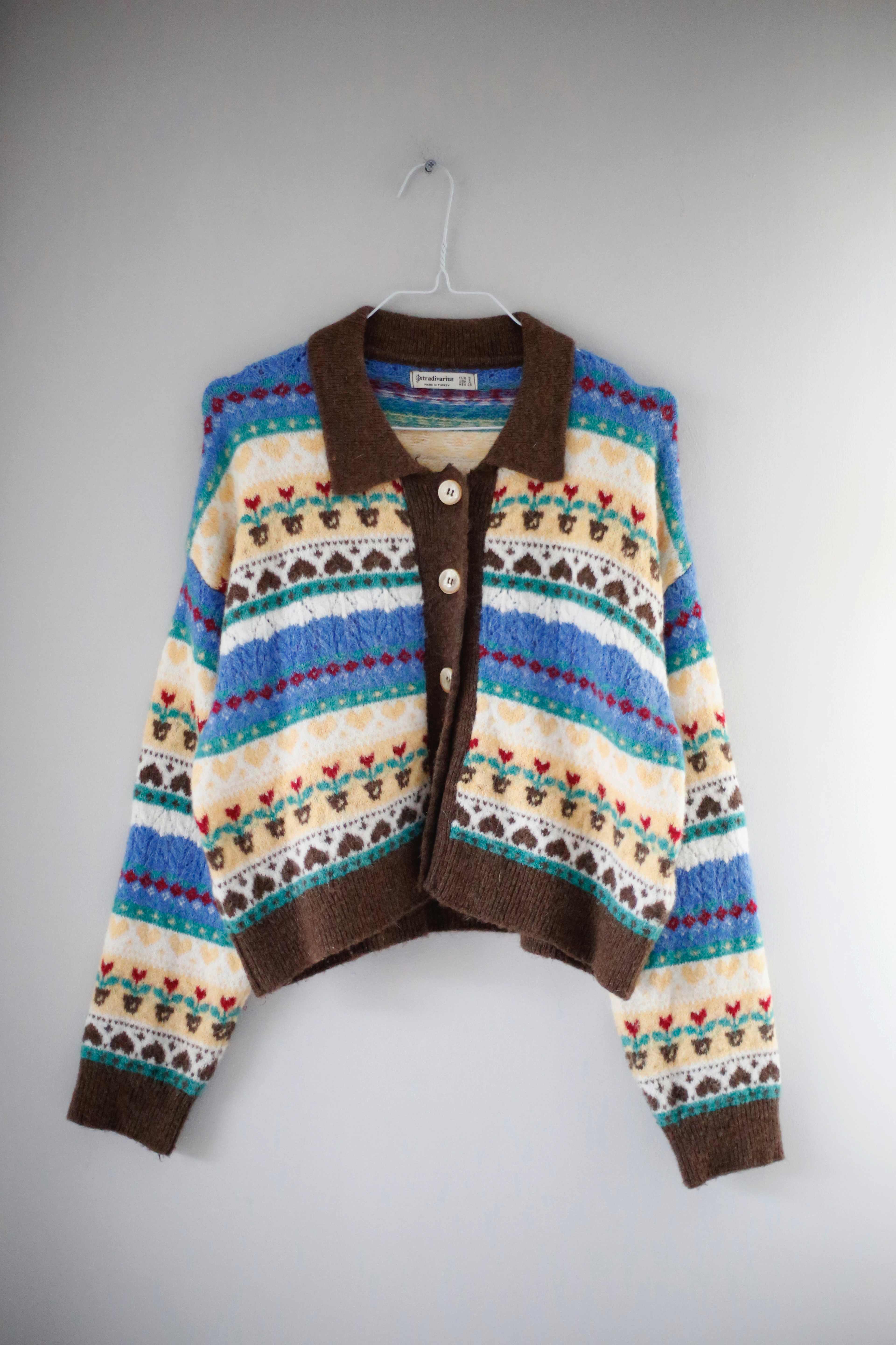 Stradivarius Strickjacke Braun Muster gemustert Cardigan 36 S