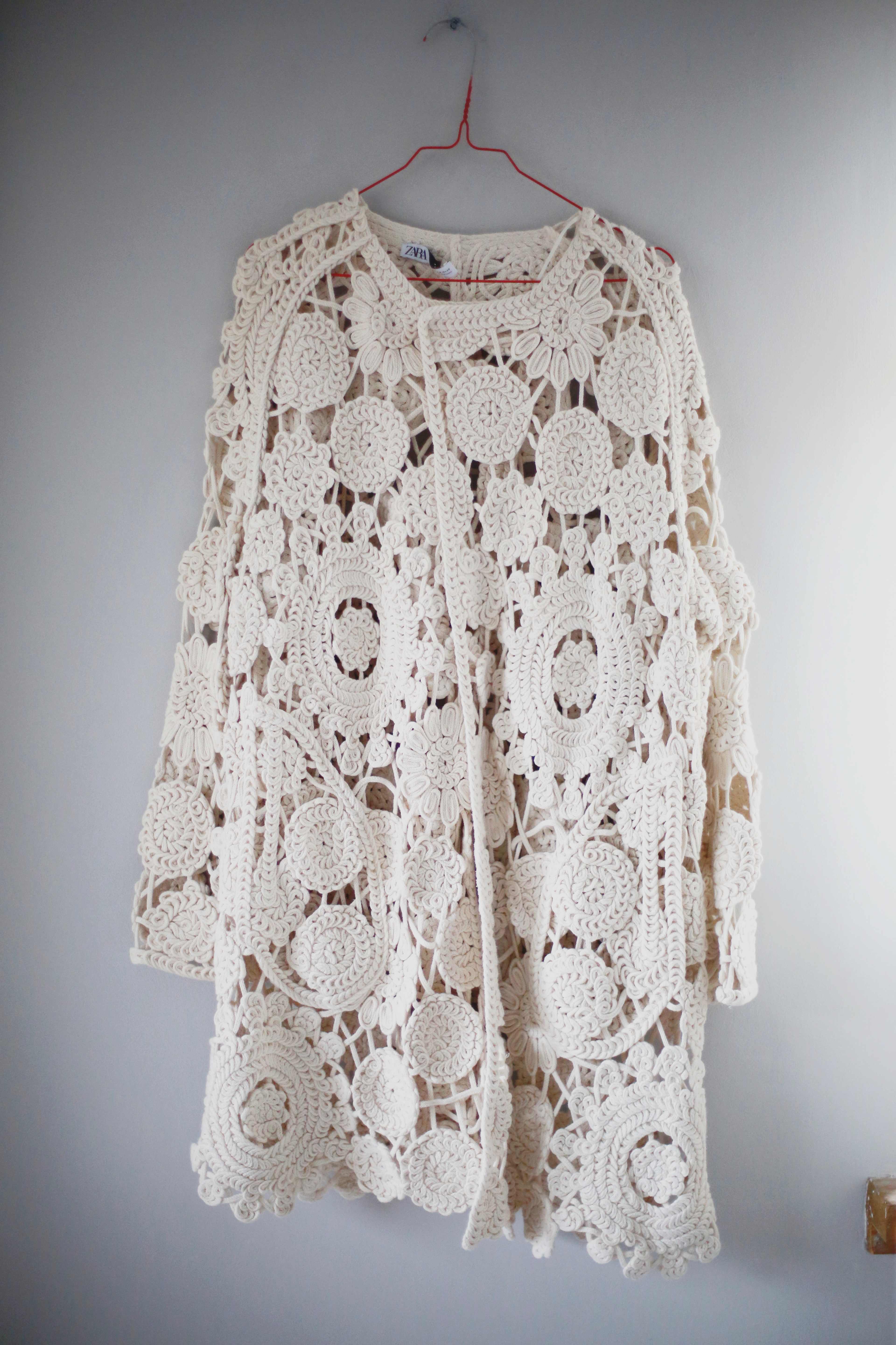 Zara Jacke Creme beige gehäkelt Mantel 38 M Bohemian Hippie