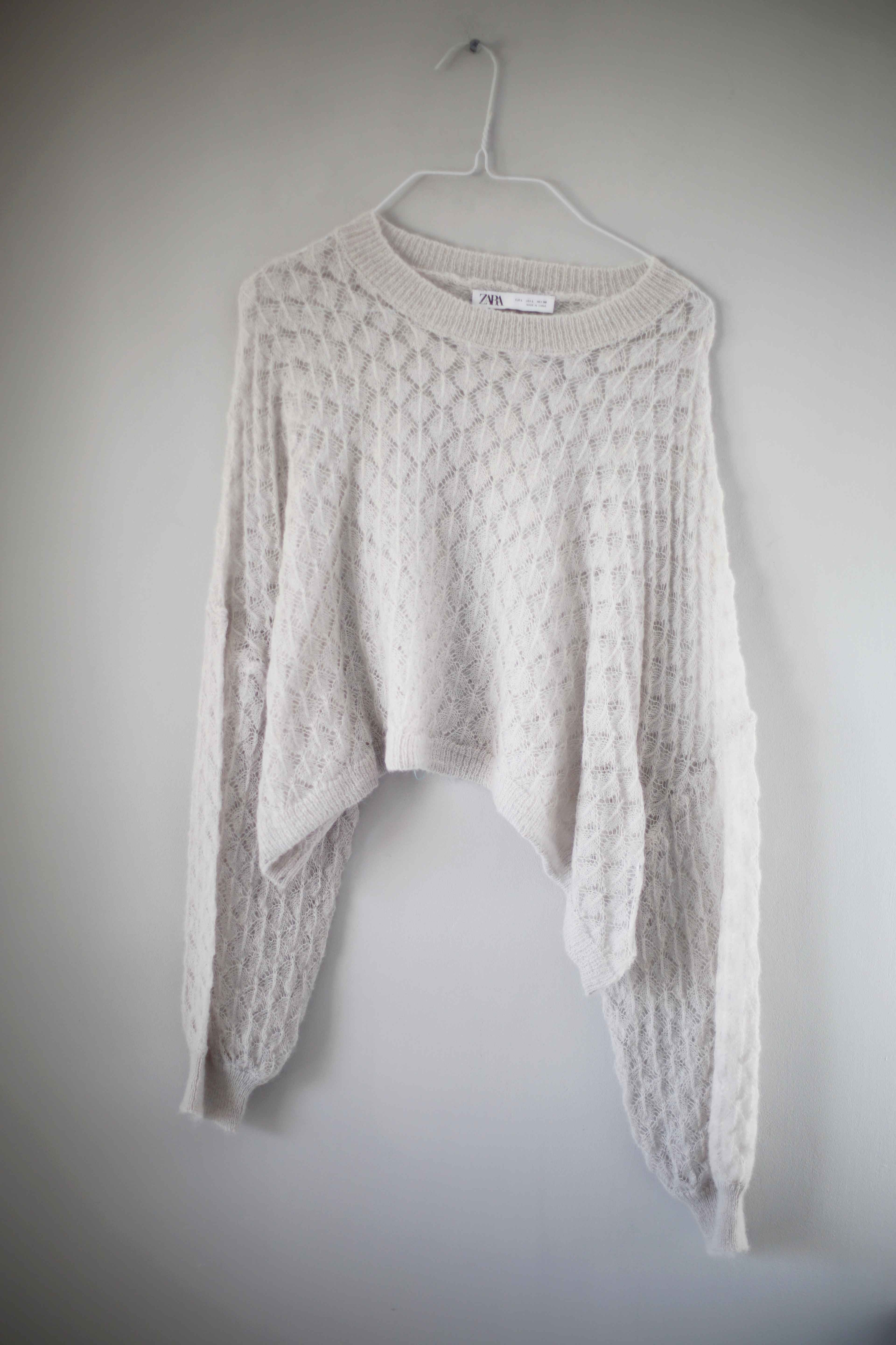 Zara Pullover Cropped Neu Grau 40 L kurz gehäkelt Muster basic