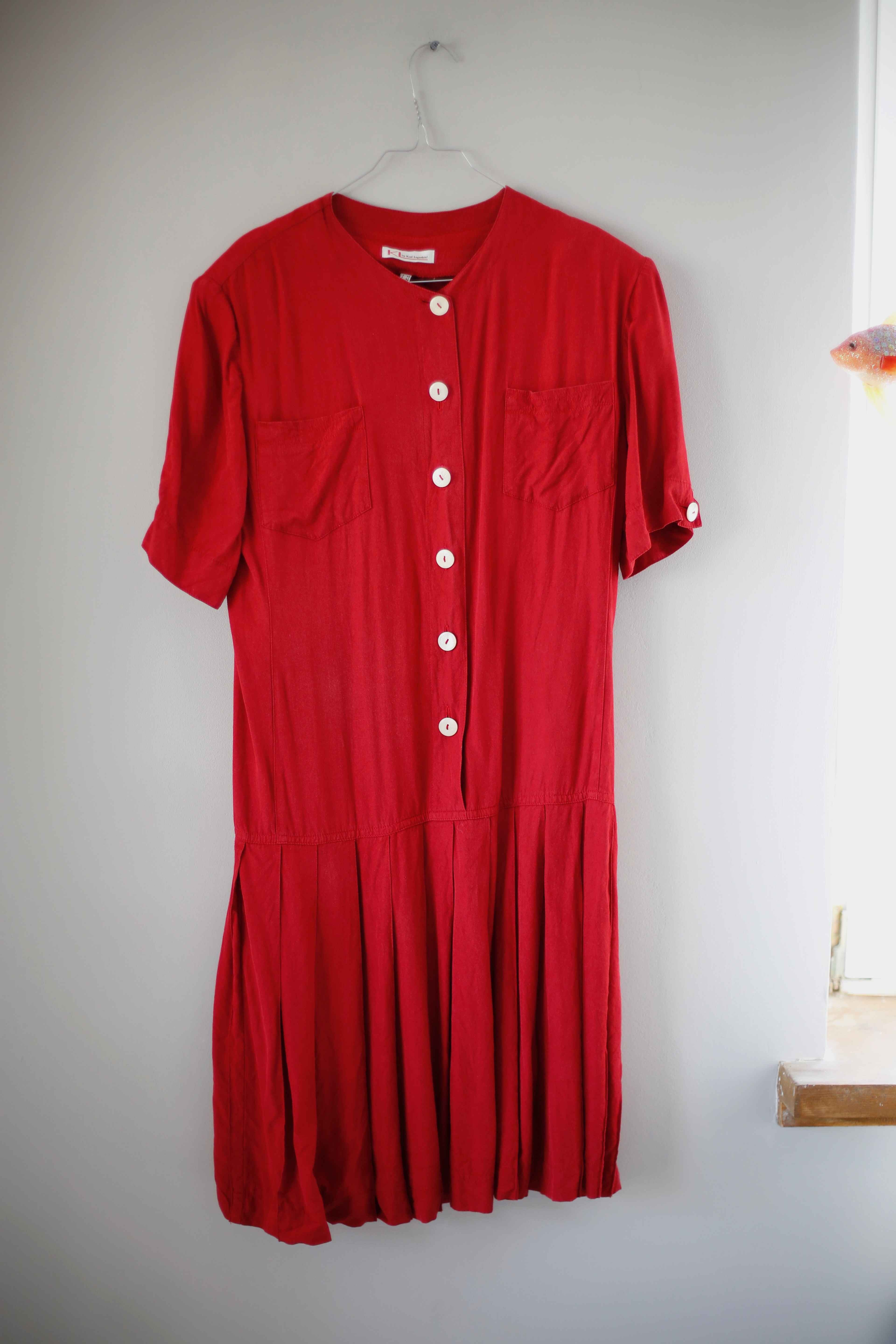 Karl Lagerfeld Kleid rot Leinen Seide lang Schulterpolster 80s 70s Kastenkleid