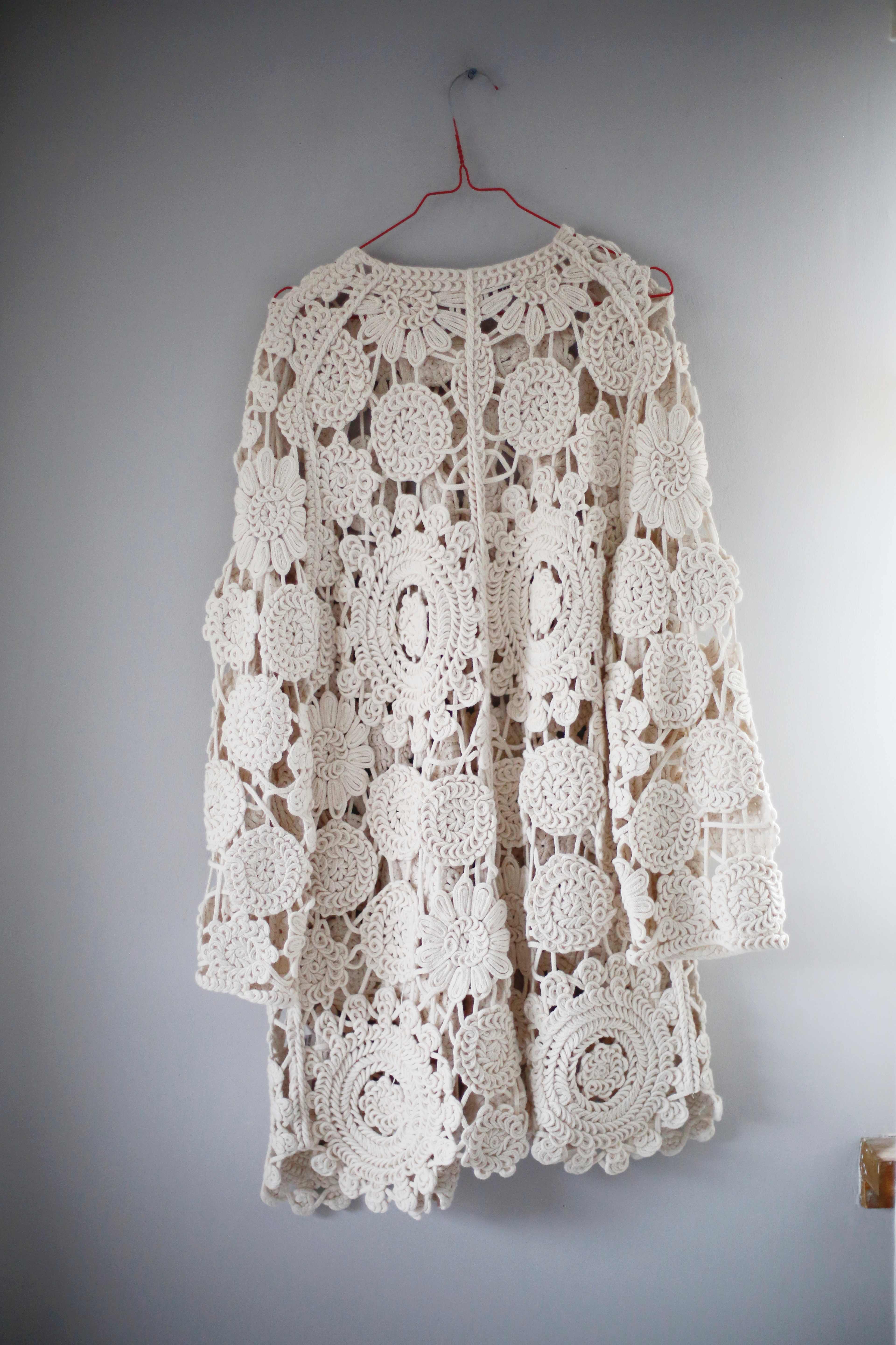 Zara Jacke Creme beige gehäkelt Mantel 38 M Bohemian Hippie