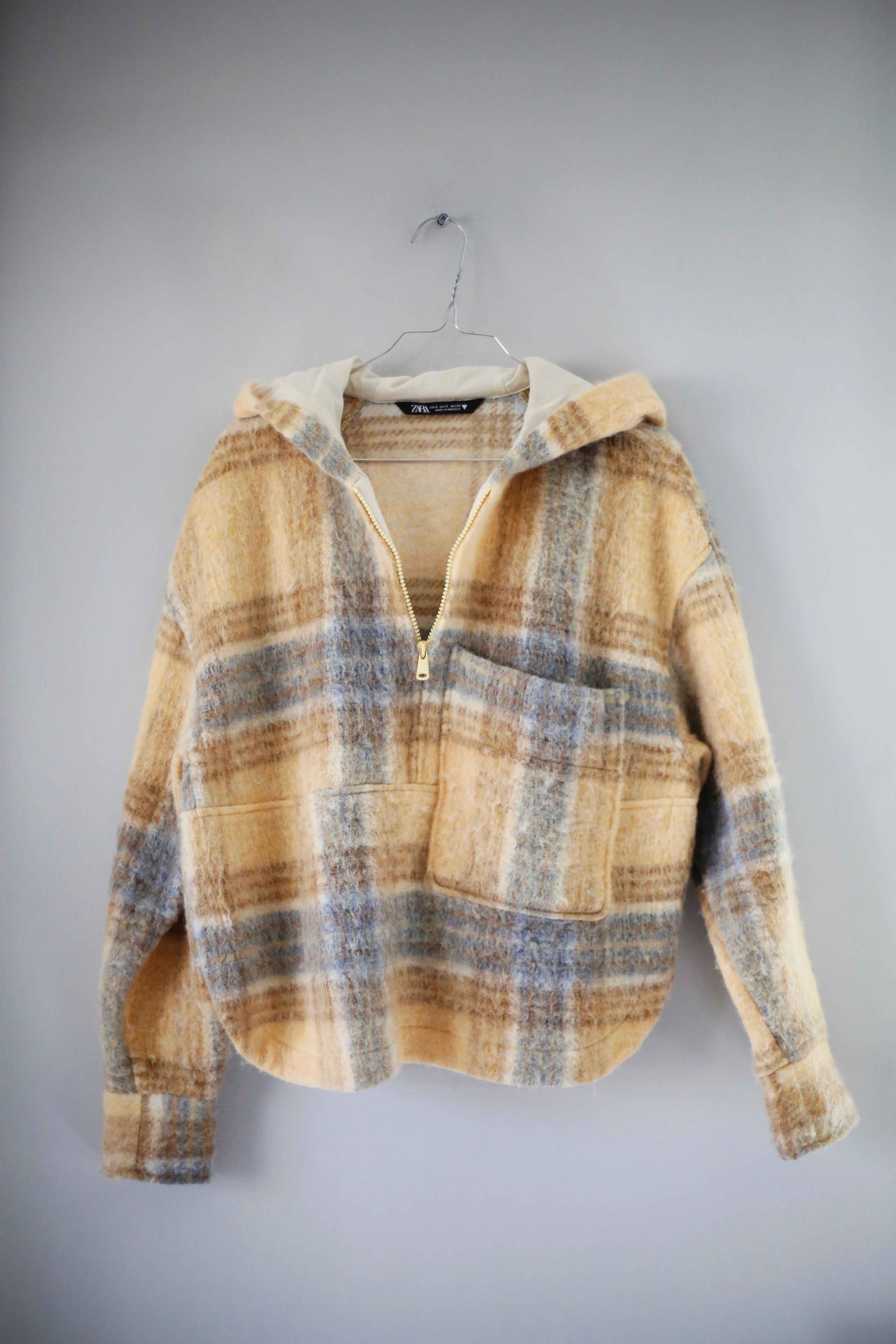 Zara Pullover Hoodie gelb gestrickt kariert Kapuzenpullover Überzieher 36 S