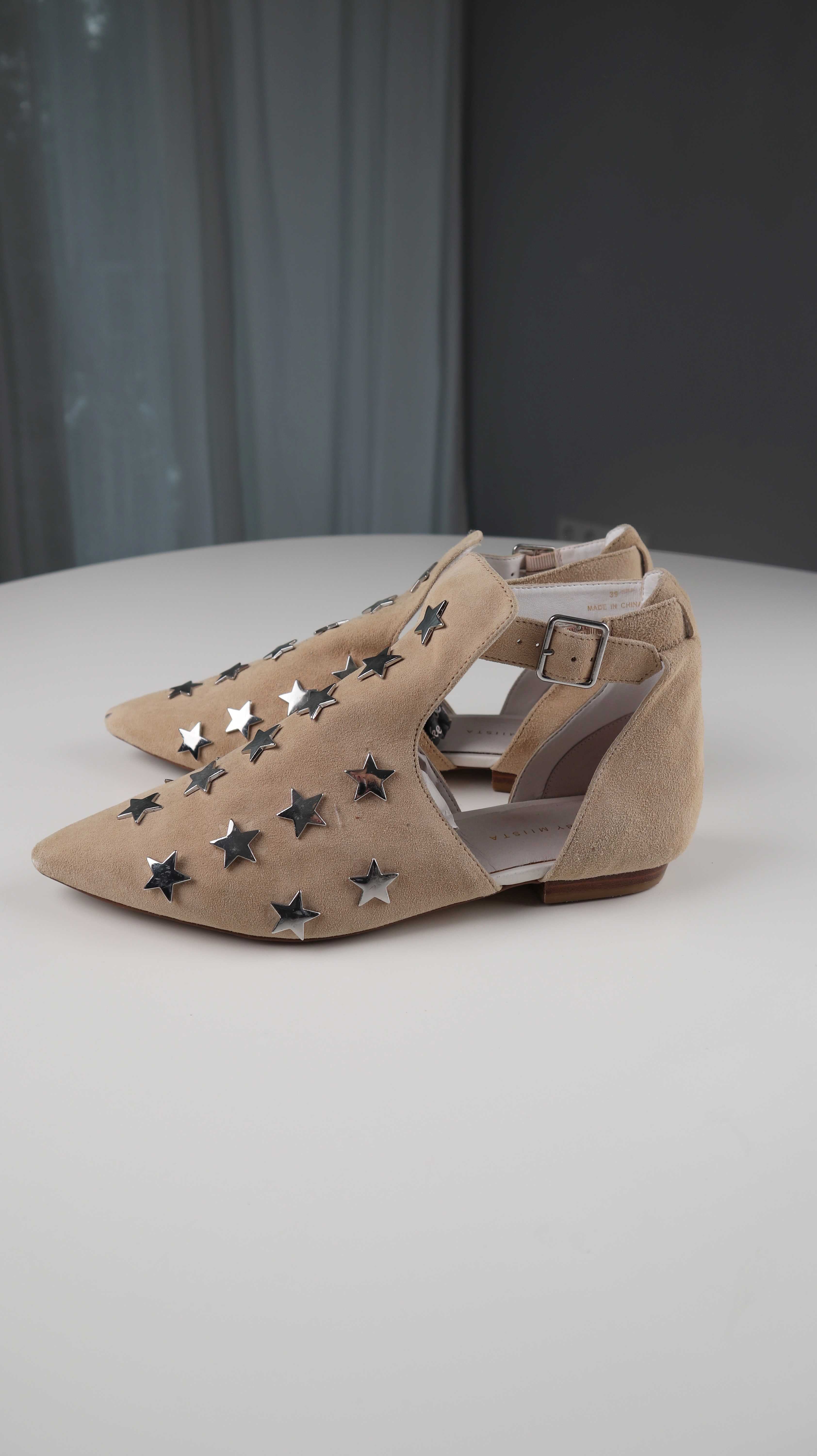 By Miista Ballerinas Braun Beige Spitz Loafer Slipper Silber Sterne 39