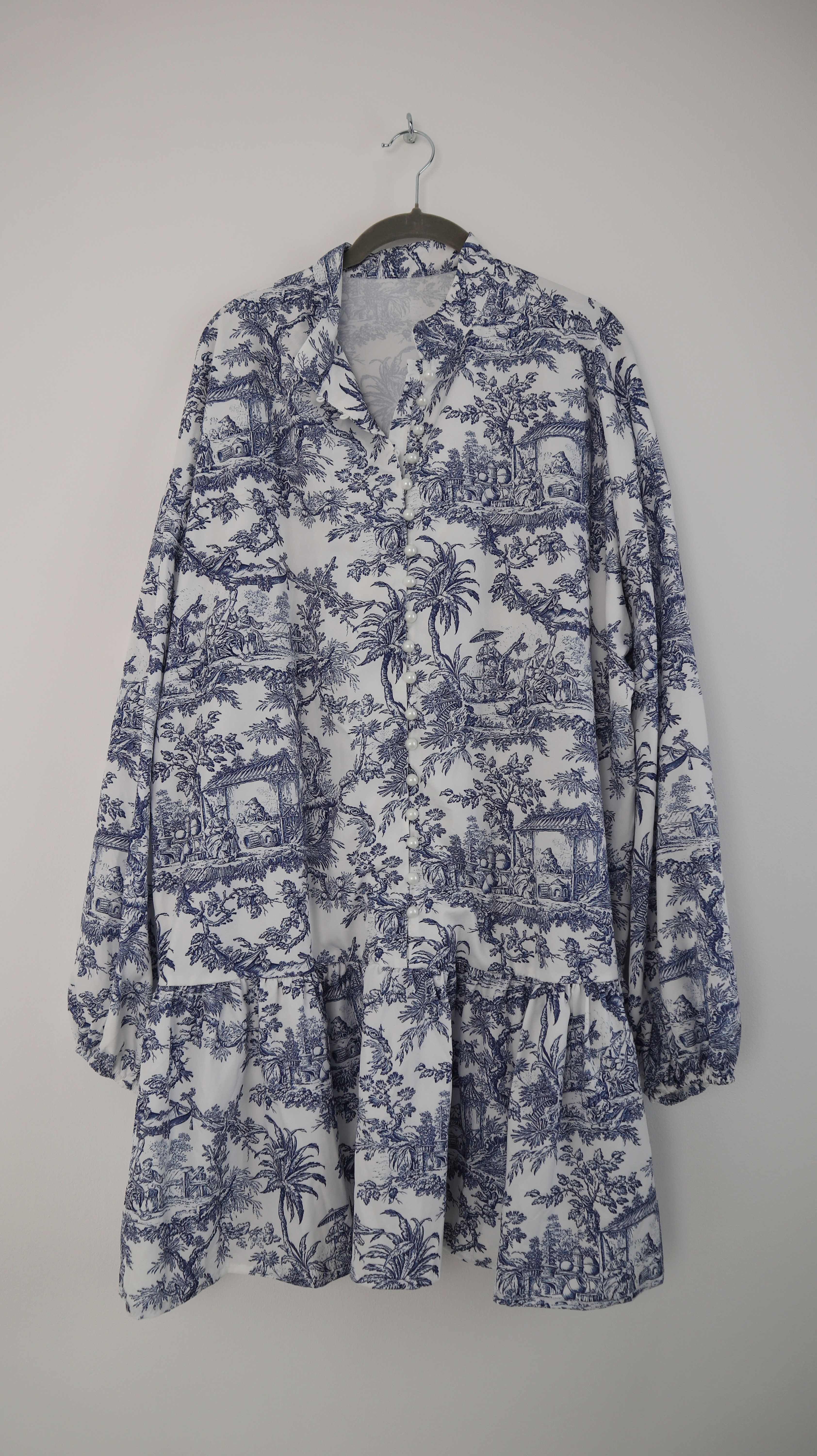 Kleid blau weiß 40 L Midi Midikleid Brokante geknöpft