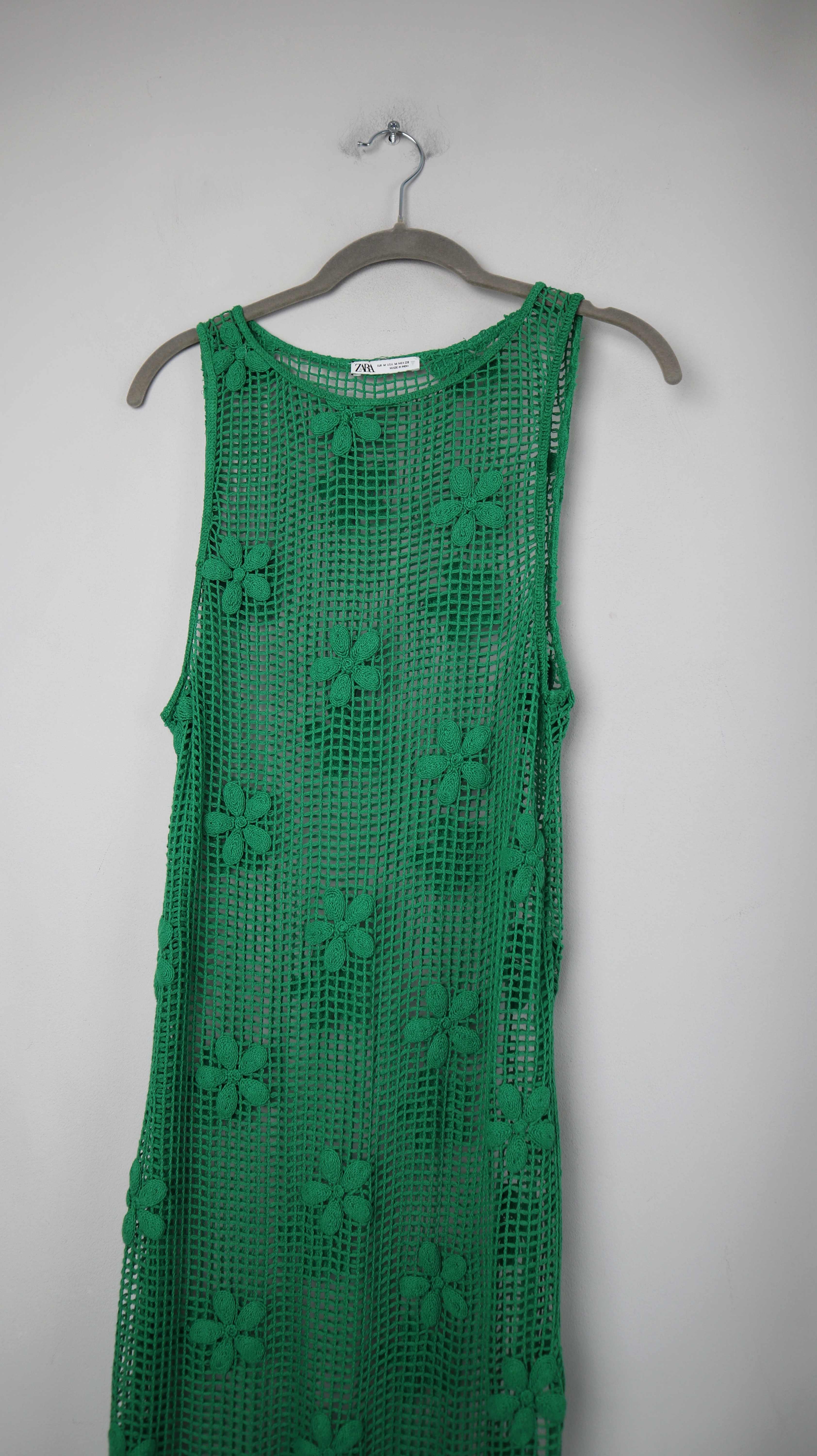 Zara Netzkleid Kleid 38 M Maxikleid Grün gehäkelt Häkelkleid Blumen