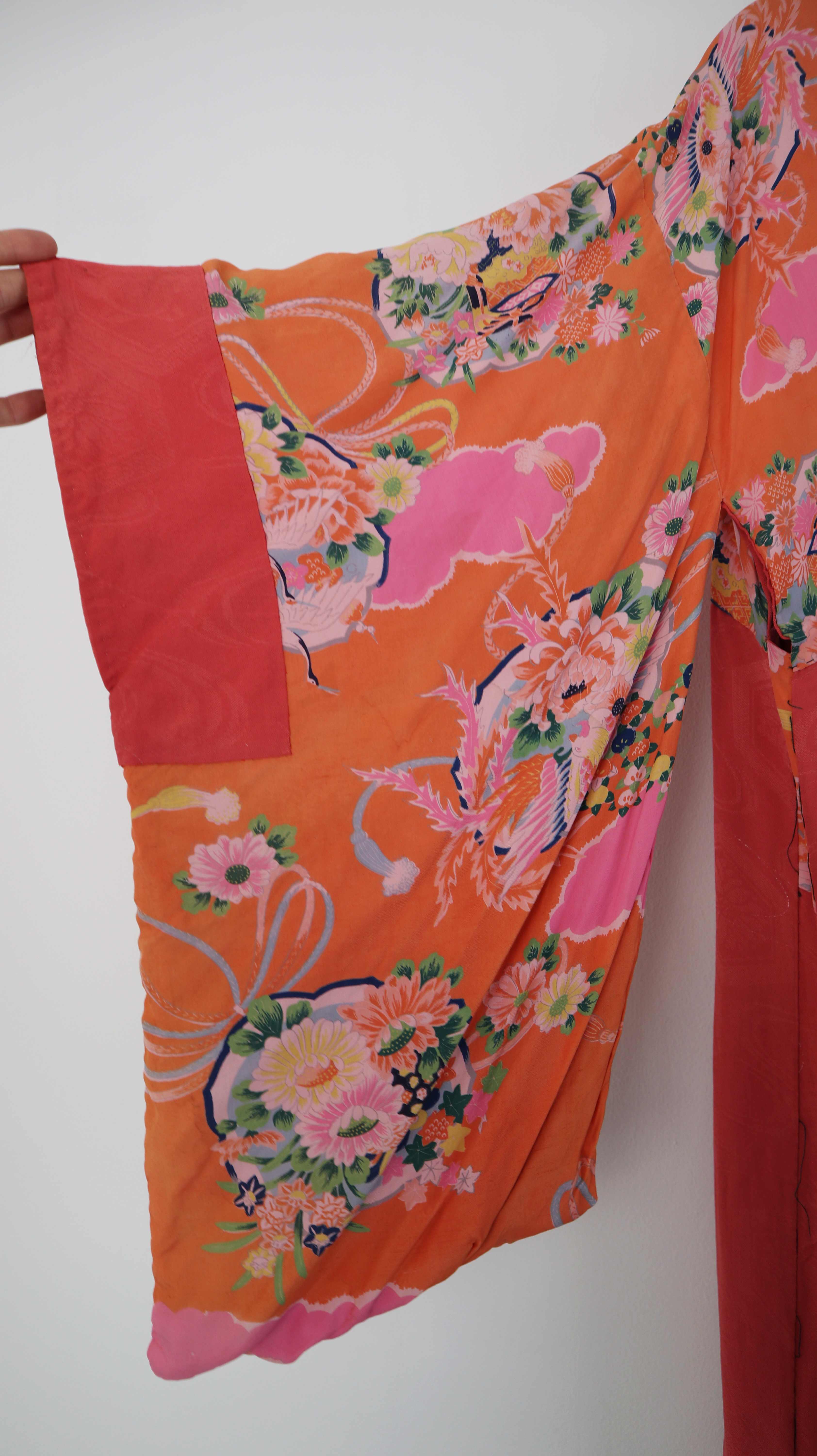 Kimono Orange rot 38 M Seide true Vintage Japanisch Blazer Einheitsgröße