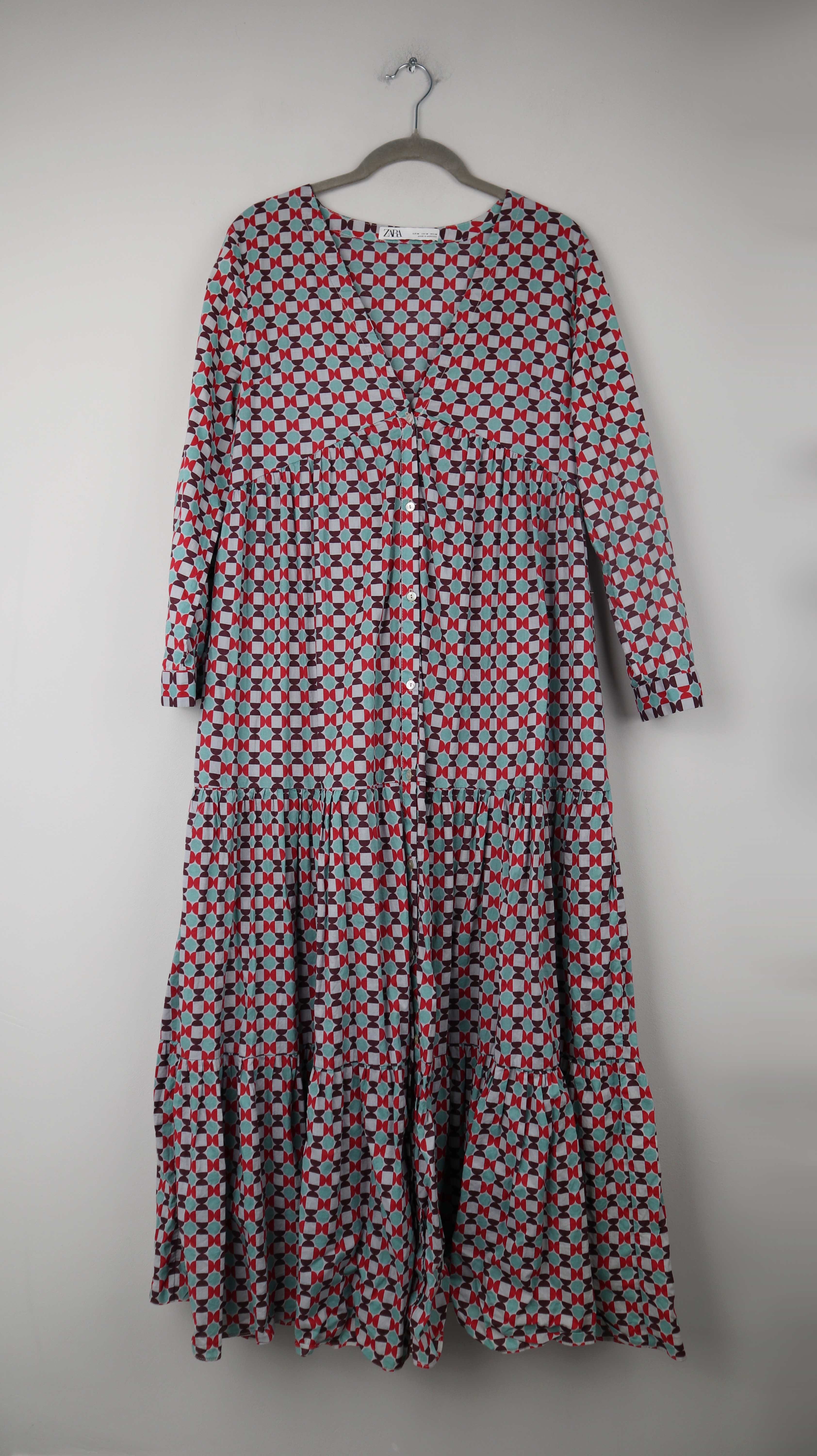 Zara Maxikleid Kleid Maxi 38 M Blau rot gemustert Sommerkleid