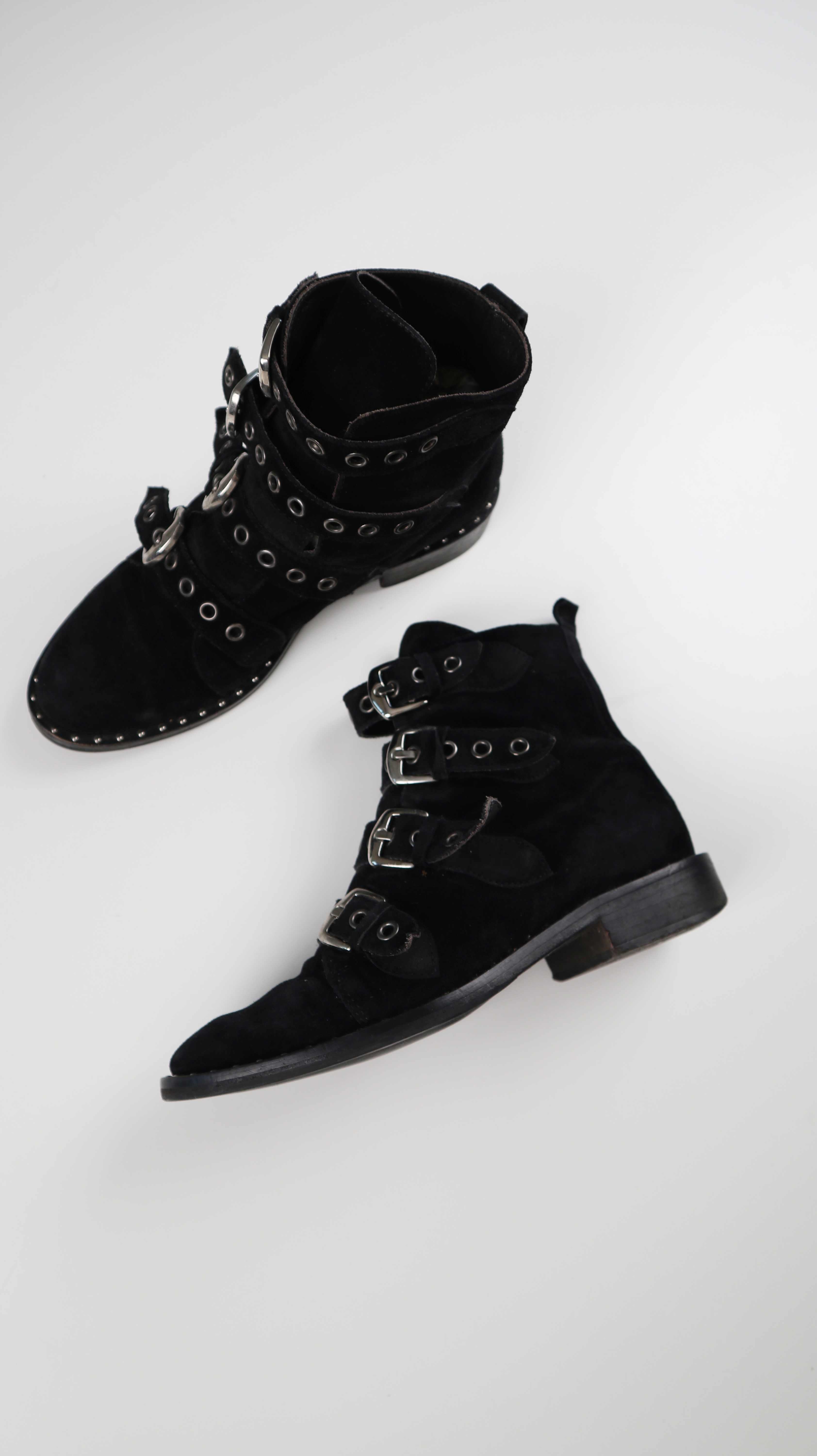 Prego Stiefeletten schwarz Wildleder 37 Schnallenstiefel Riemen