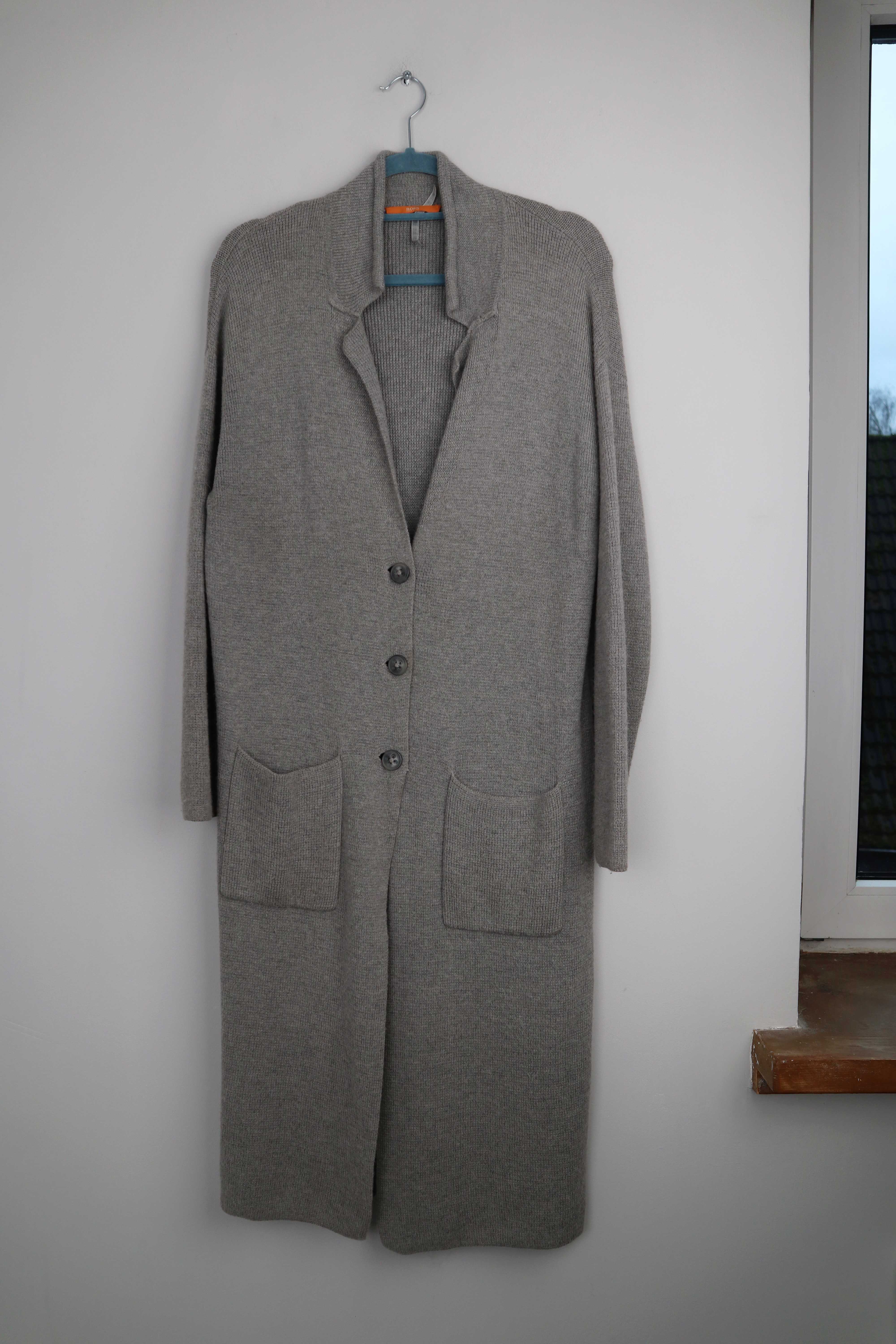 Hugo Boss Strickjacke lang Cardigan Grau Wolle Alpaka Seide geknöpft 40 L