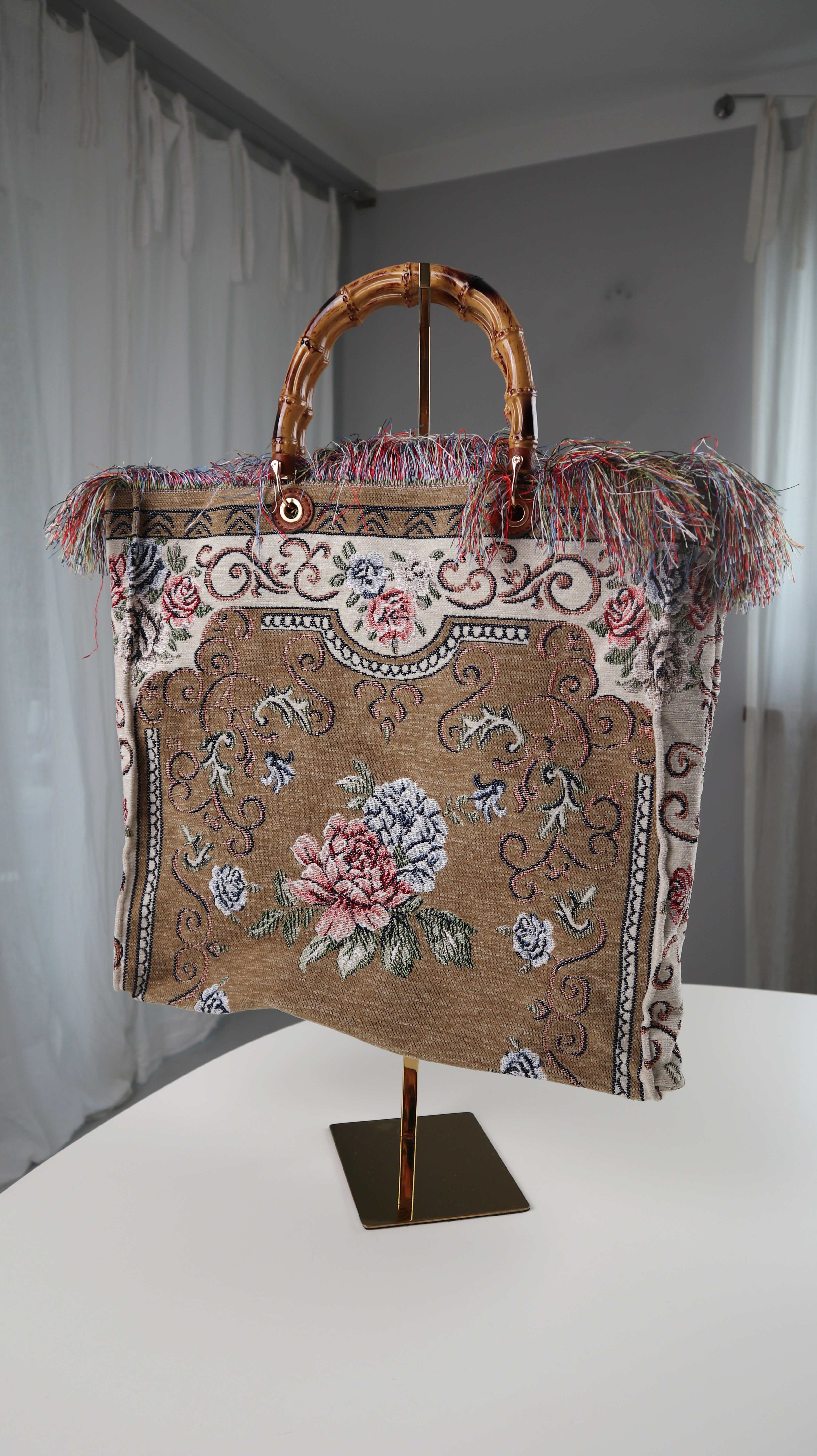 Tasche Shopper Neu Fransen Hippie Bohemian braun Muster Brokante Fransen