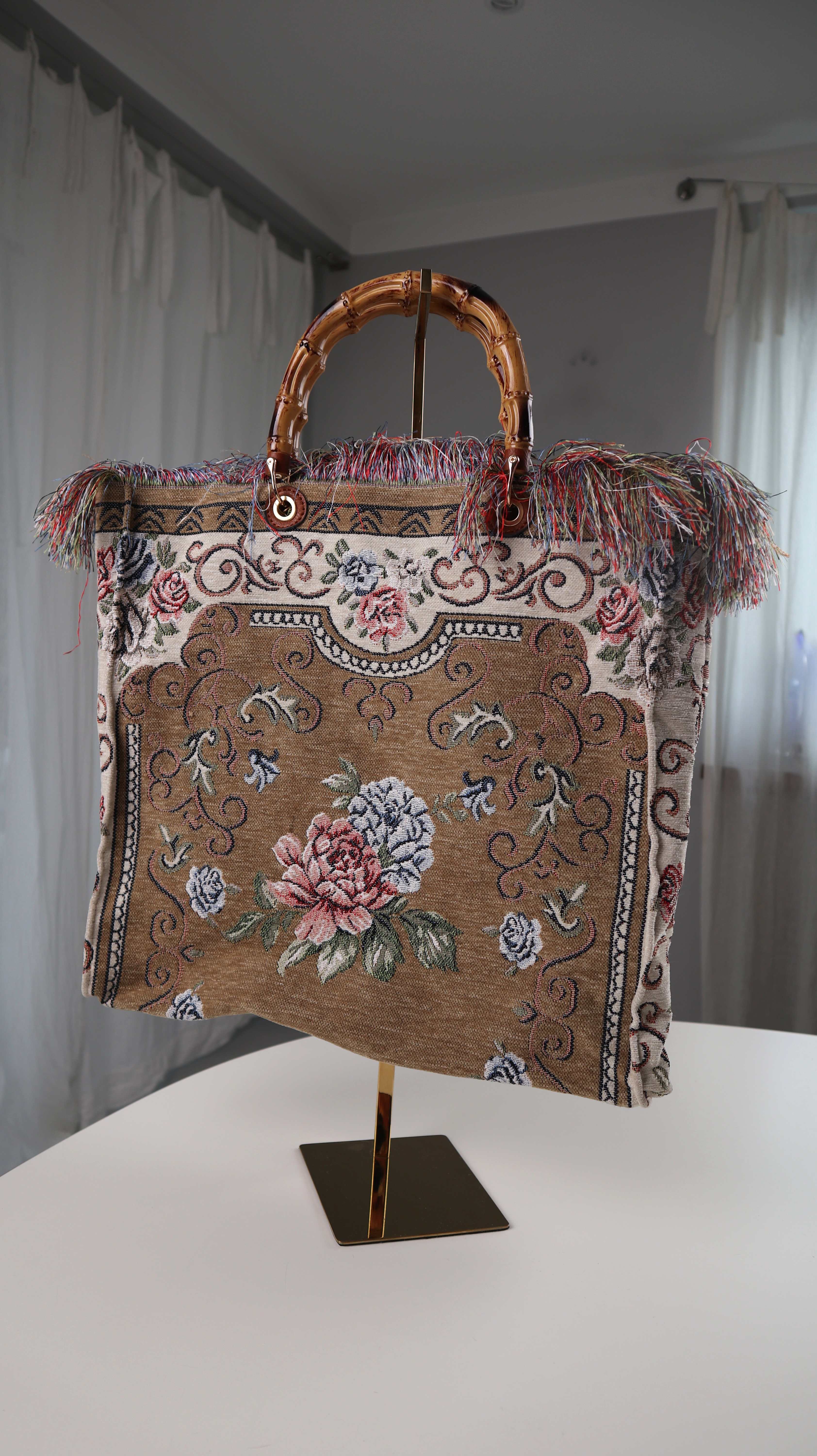 Tasche Shopper Neu Fransen Hippie Bohemian braun Muster Brokante Fransen