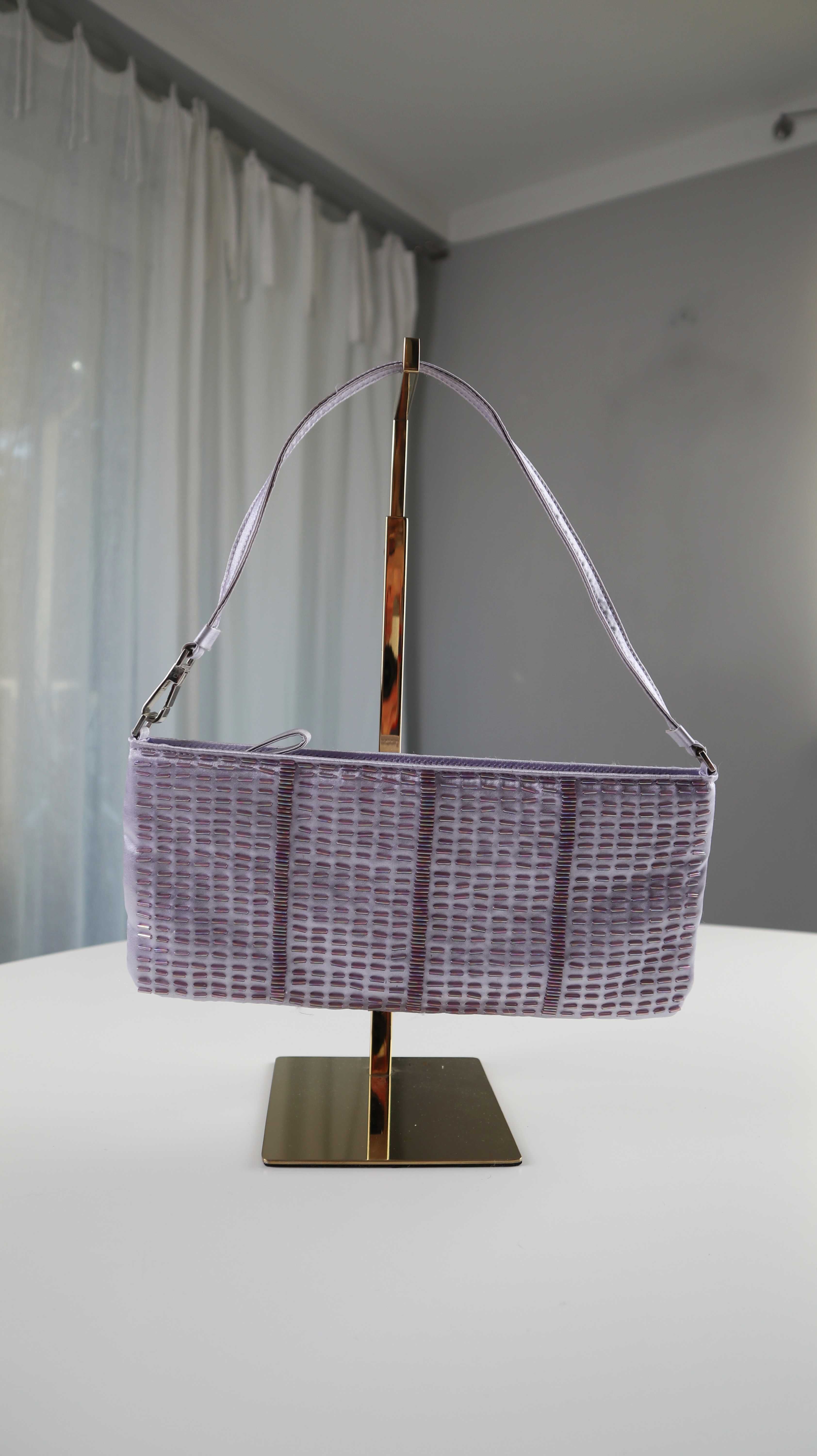 Abro Tasche Baguette Bag Lila Flieder Perlen bestickt Seide Abendtasche