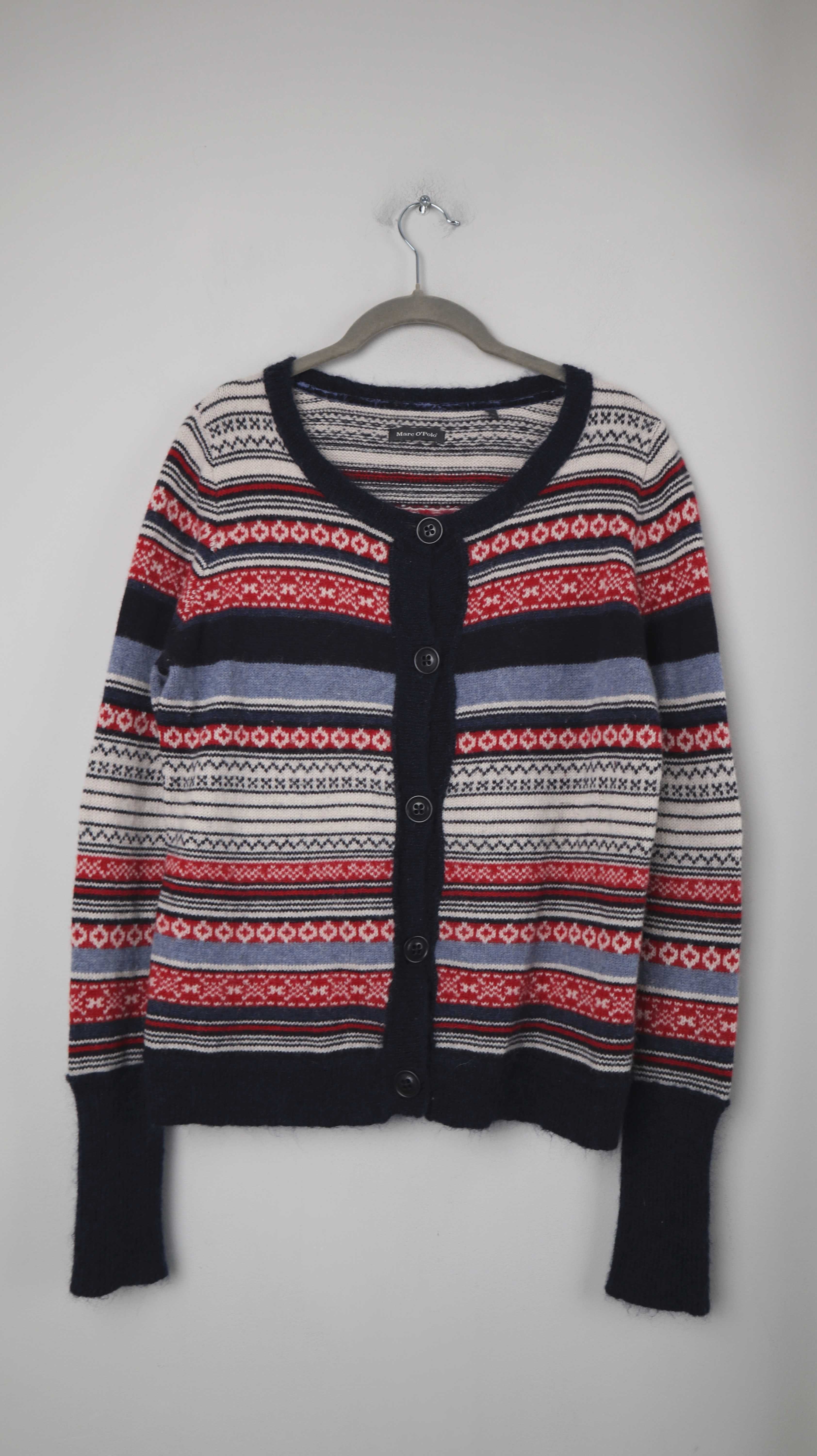 Tommy Hilfiger Strickjacke Cardigan Wolle Blau rot 38 M Wolle Schurwolle