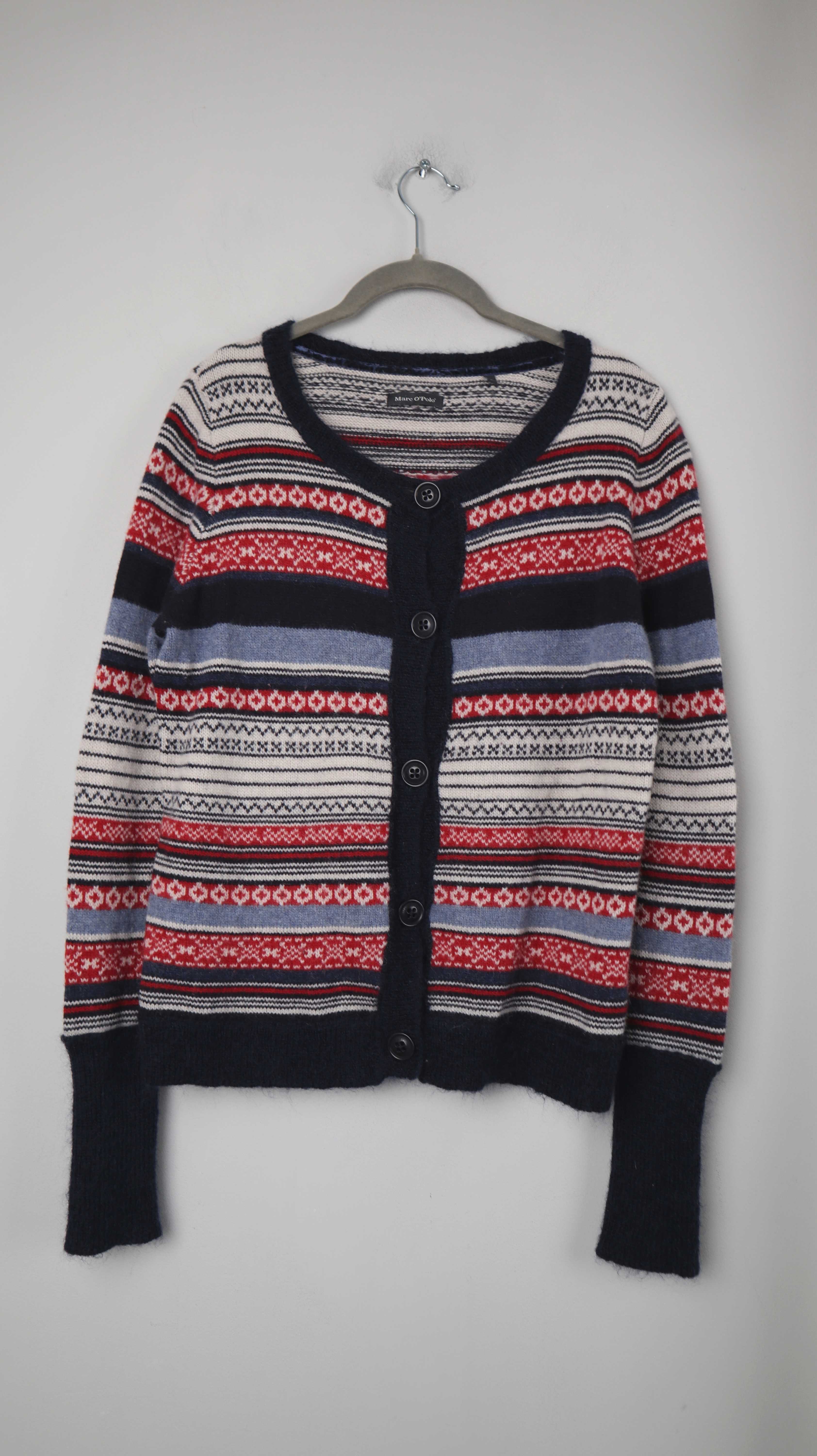 Tommy Hilfiger Strickjacke Cardigan Wolle Blau rot 38 M Wolle Schurwolle