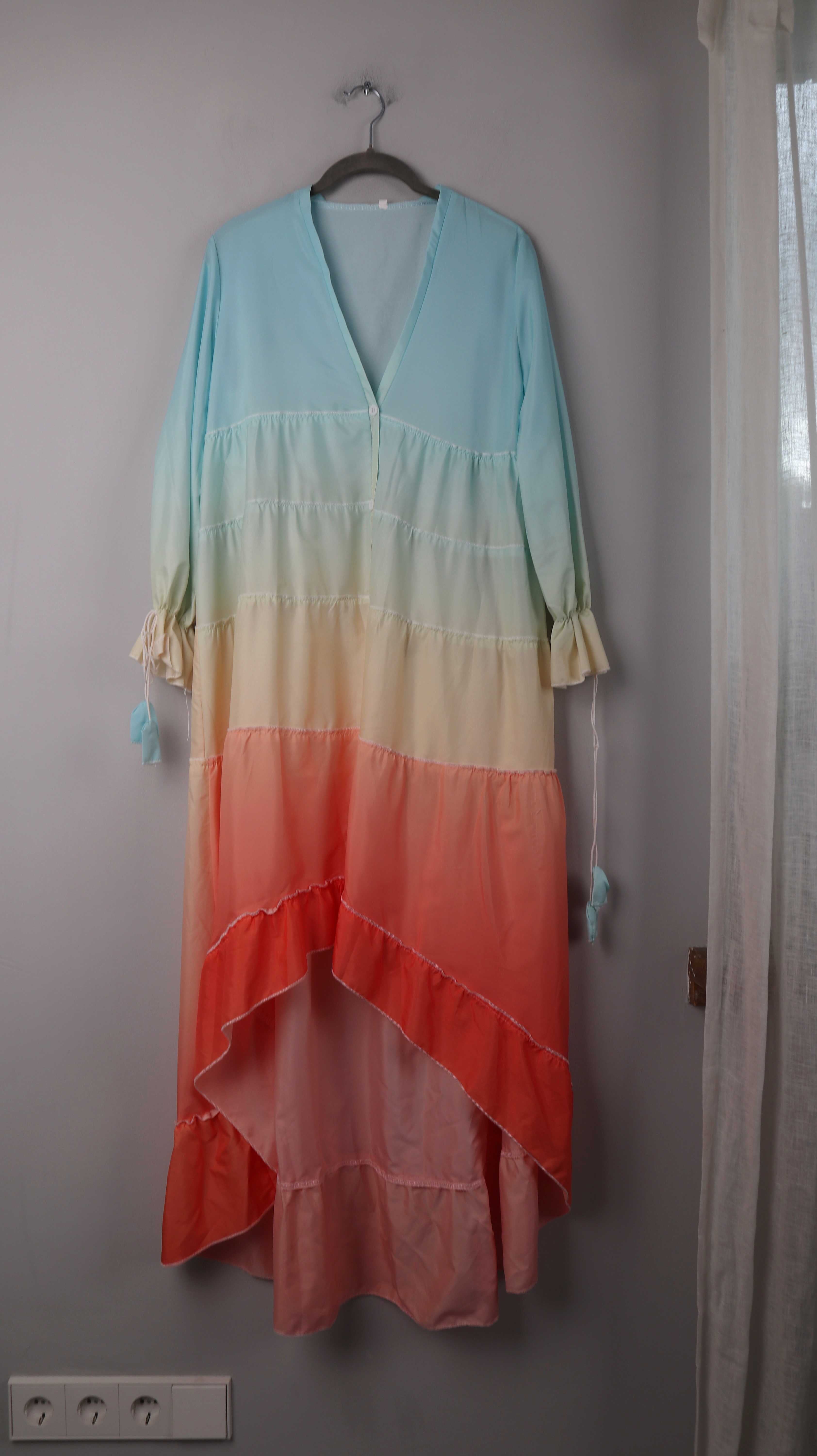 Kleid Maxikleid Regenbogen 38 M Sommerkleid Ombre türkis orange