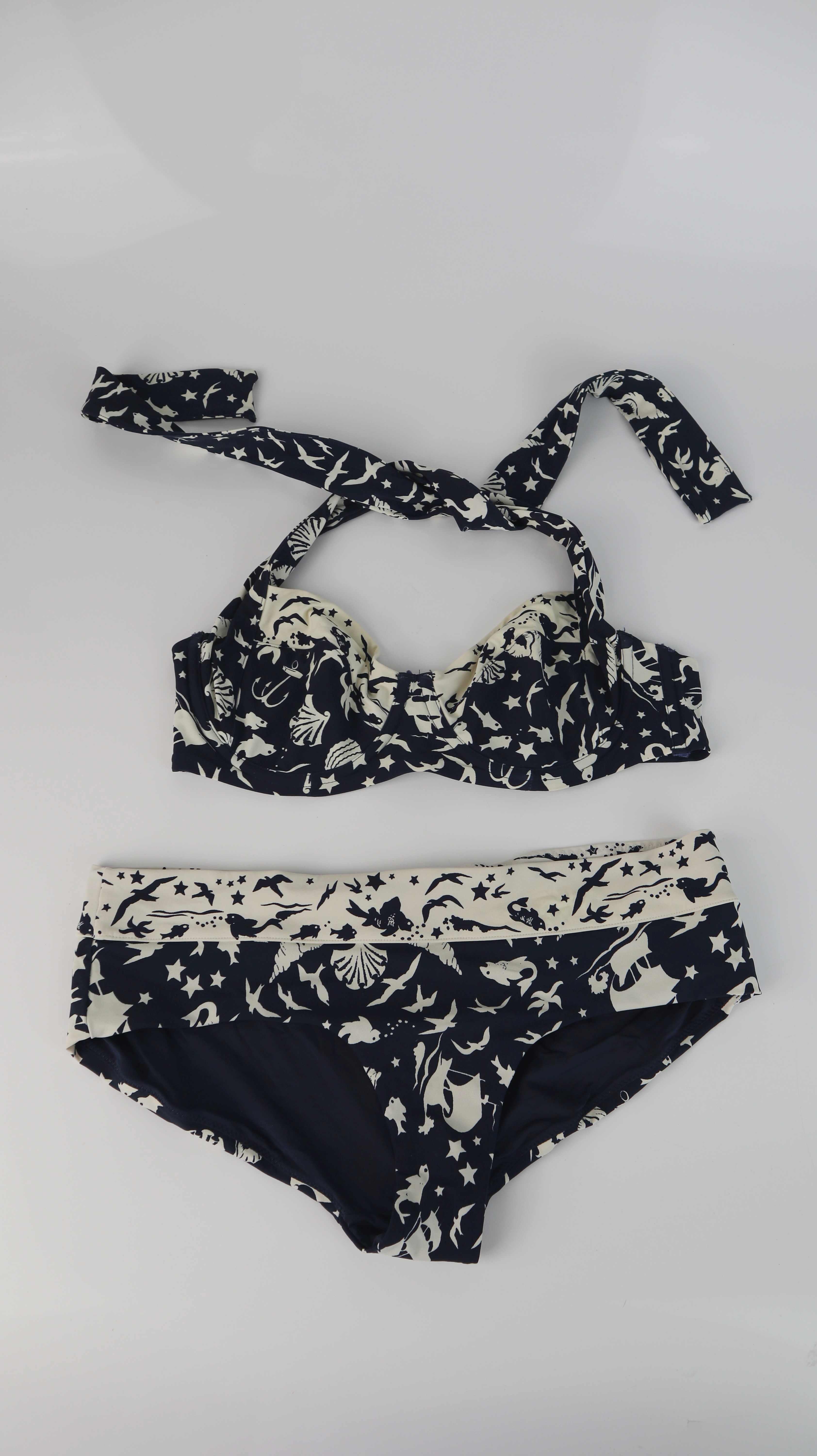 Bikini blau weiß Muscheln 38 M 80 C Creme Set Neckholder