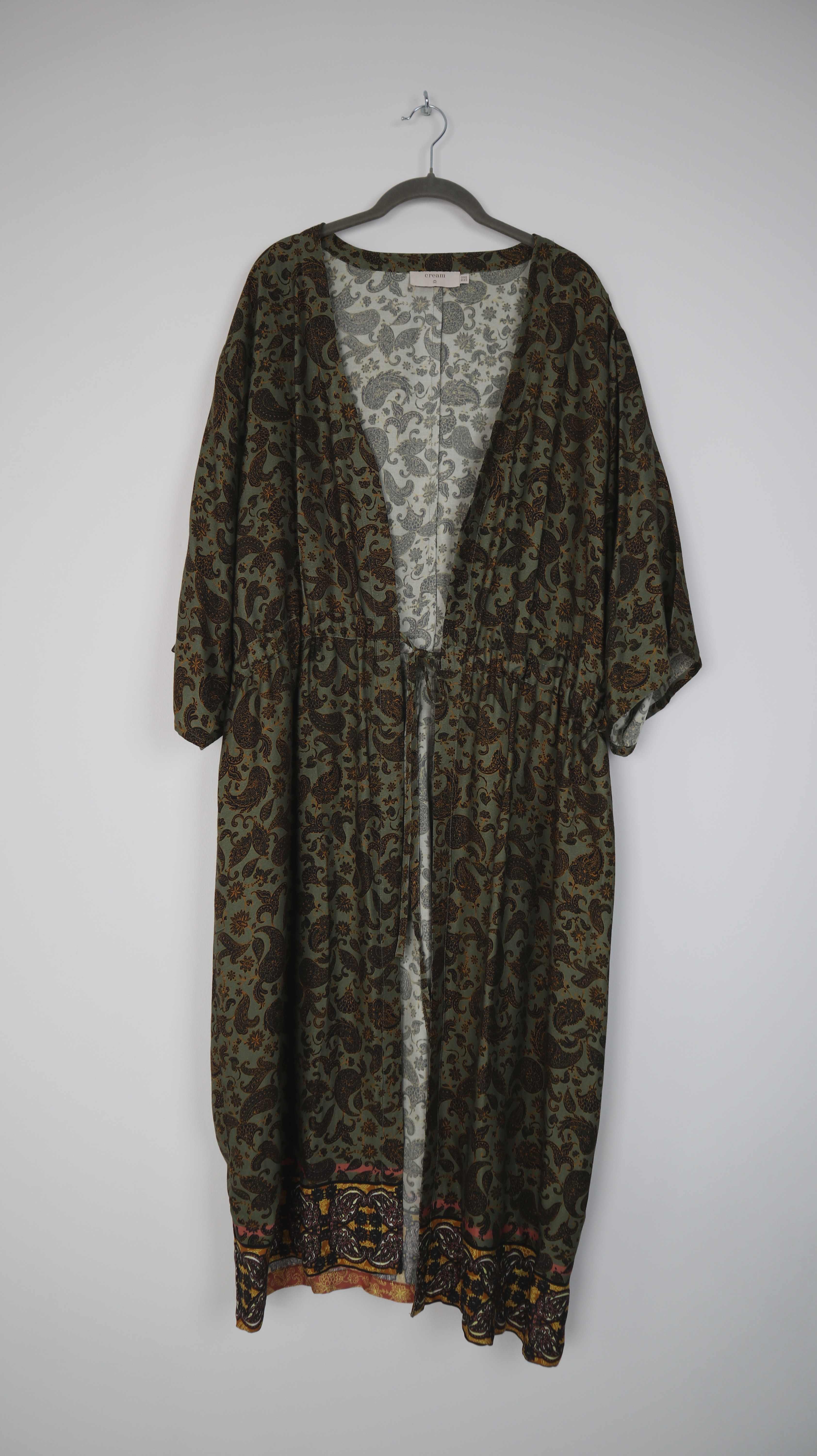 Cream Mantel Einheitsgröße Kimono Jacke lang Paisley grün dunkelgrün
