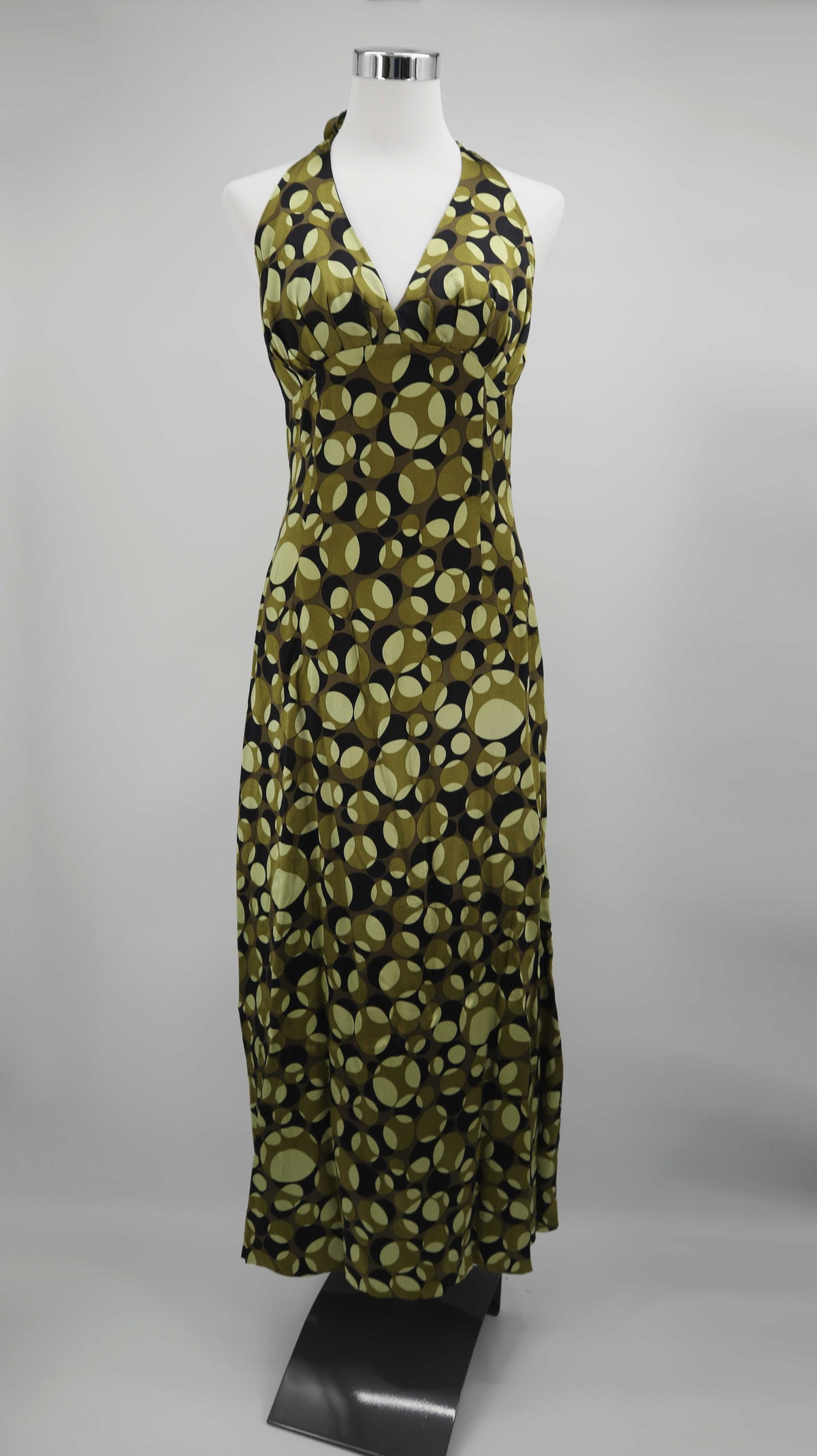 Maxikleid lang grün 36 S Sommerkleid 70er Muster gemustert Neckholderkleid