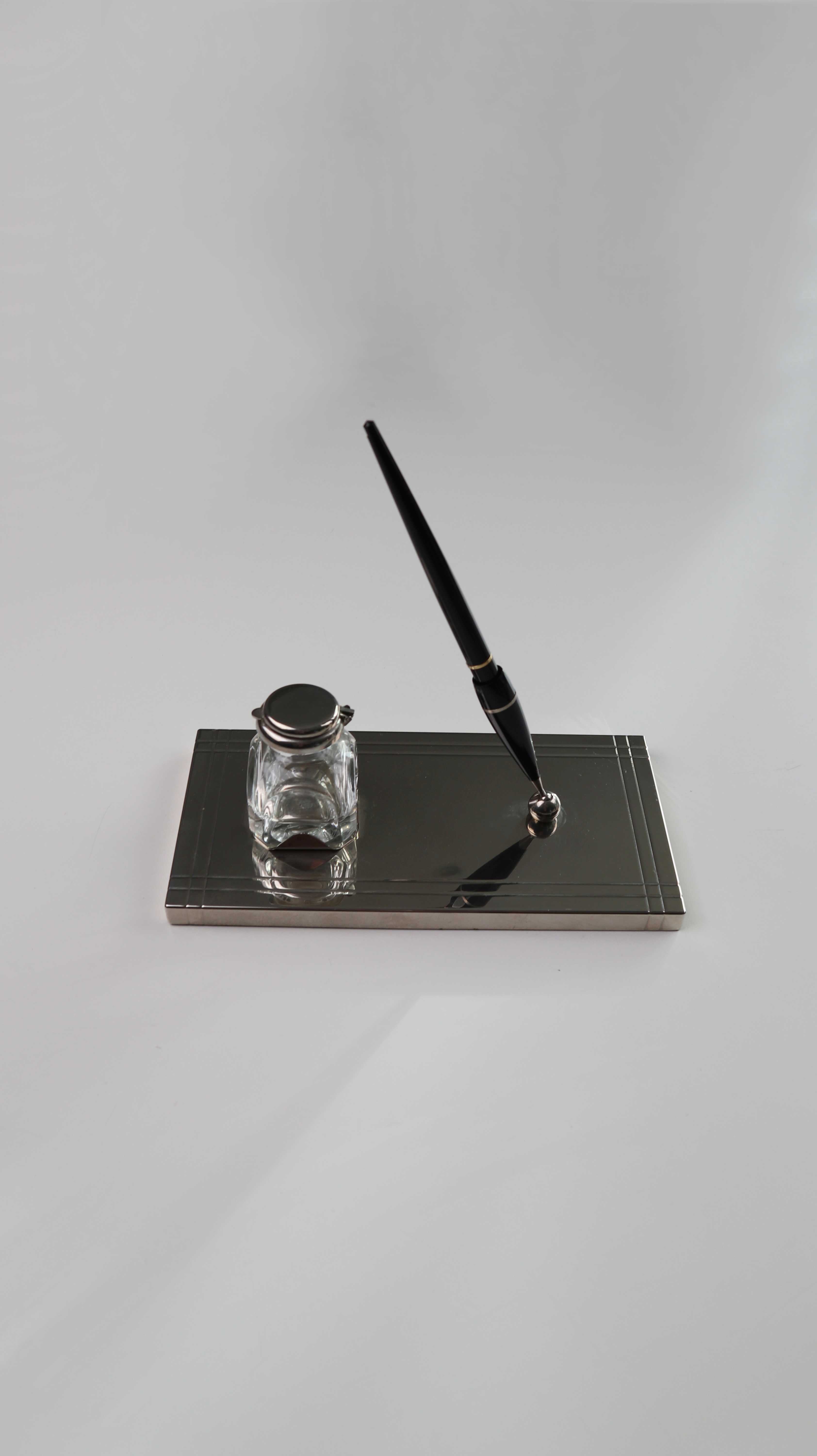 Schreibtisch Tintenfass Set Silber Chrom Stiftehalter Stift