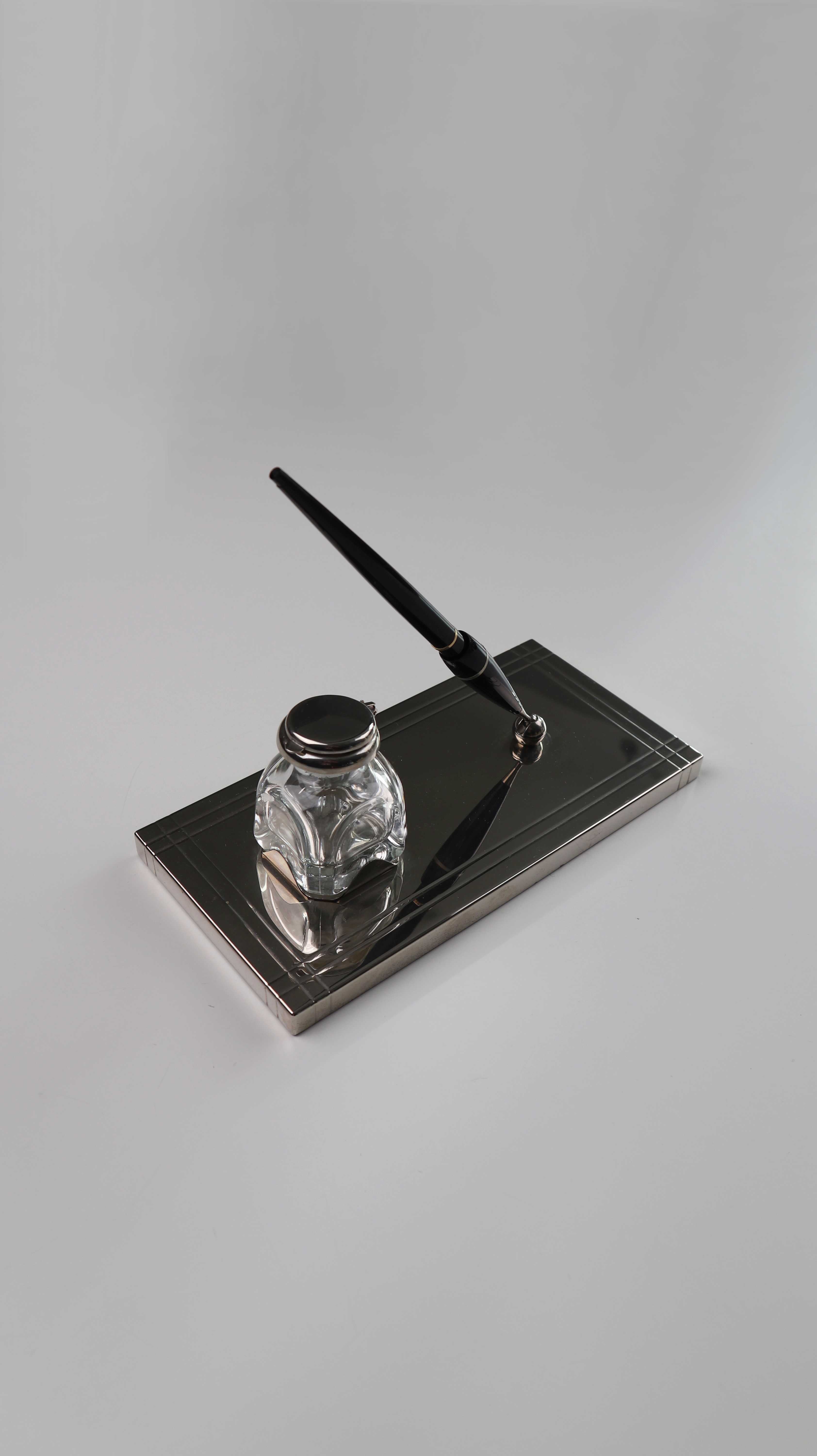 Schreibtisch Tintenfass Set Silber Chrom Stiftehalter Stift