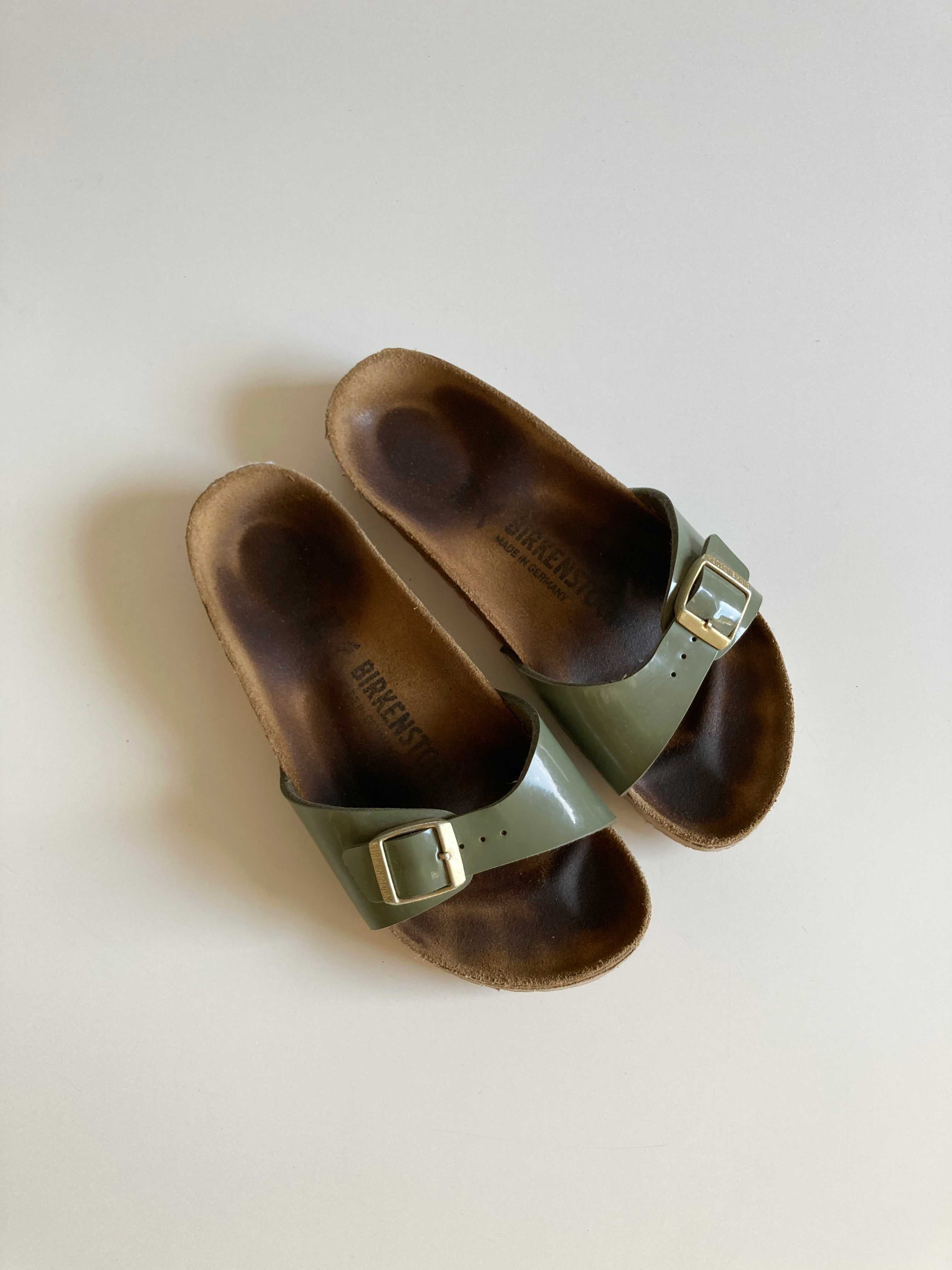 Birkenstock Madrid Slipper Loafer Sandalen Grün Khaki Lackleder 37