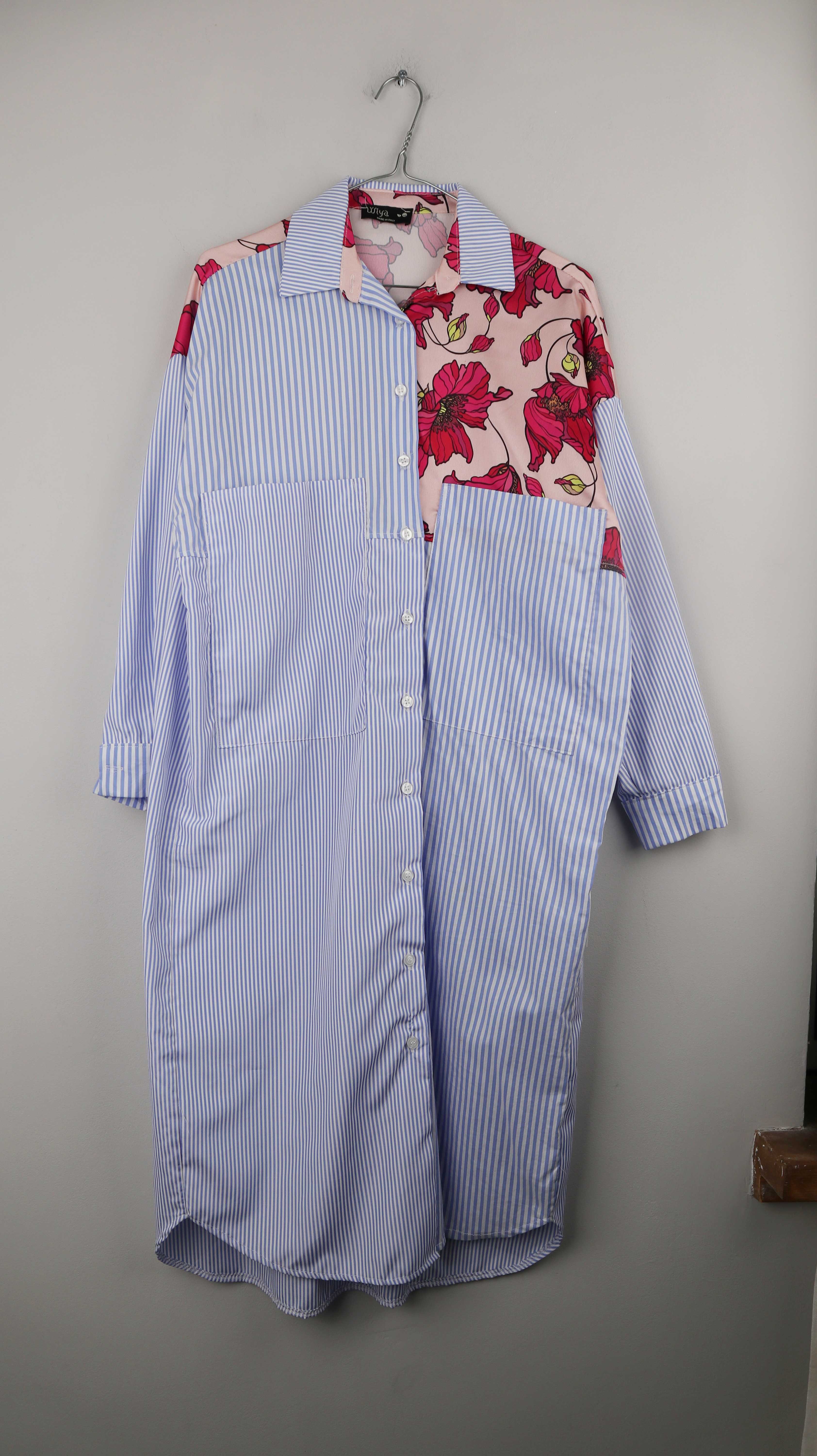 Wiya Bluse Hemd lang blau weiß gestreift Seide Pink Hemdbluse 38 M