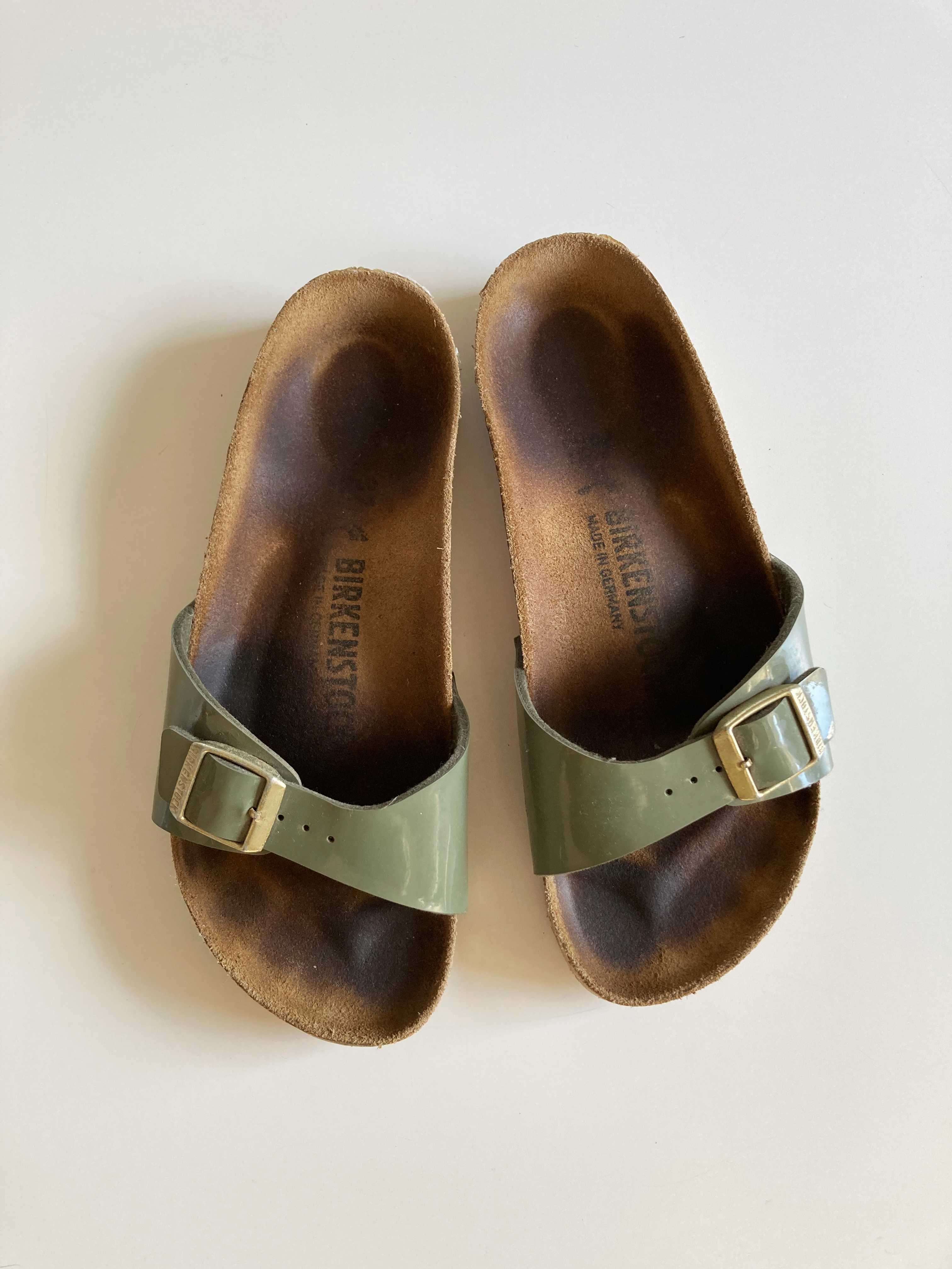 Birkenstock Madrid Slipper Loafer Sandalen Grün Khaki Lackleder 37