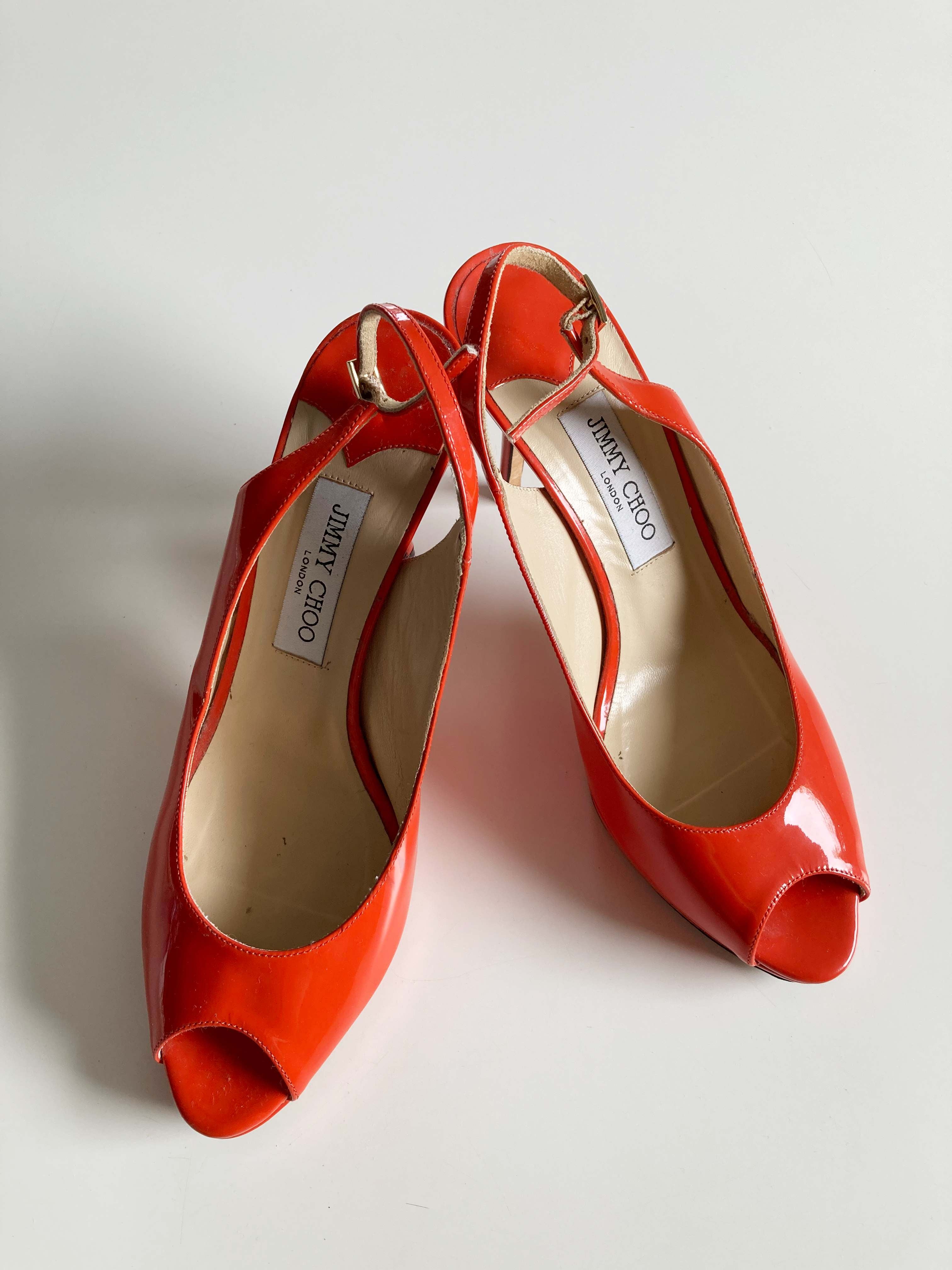 Jimmy Choo Heels Pumps Peep Toes Orange 40,5 40 1/2 Lackleder