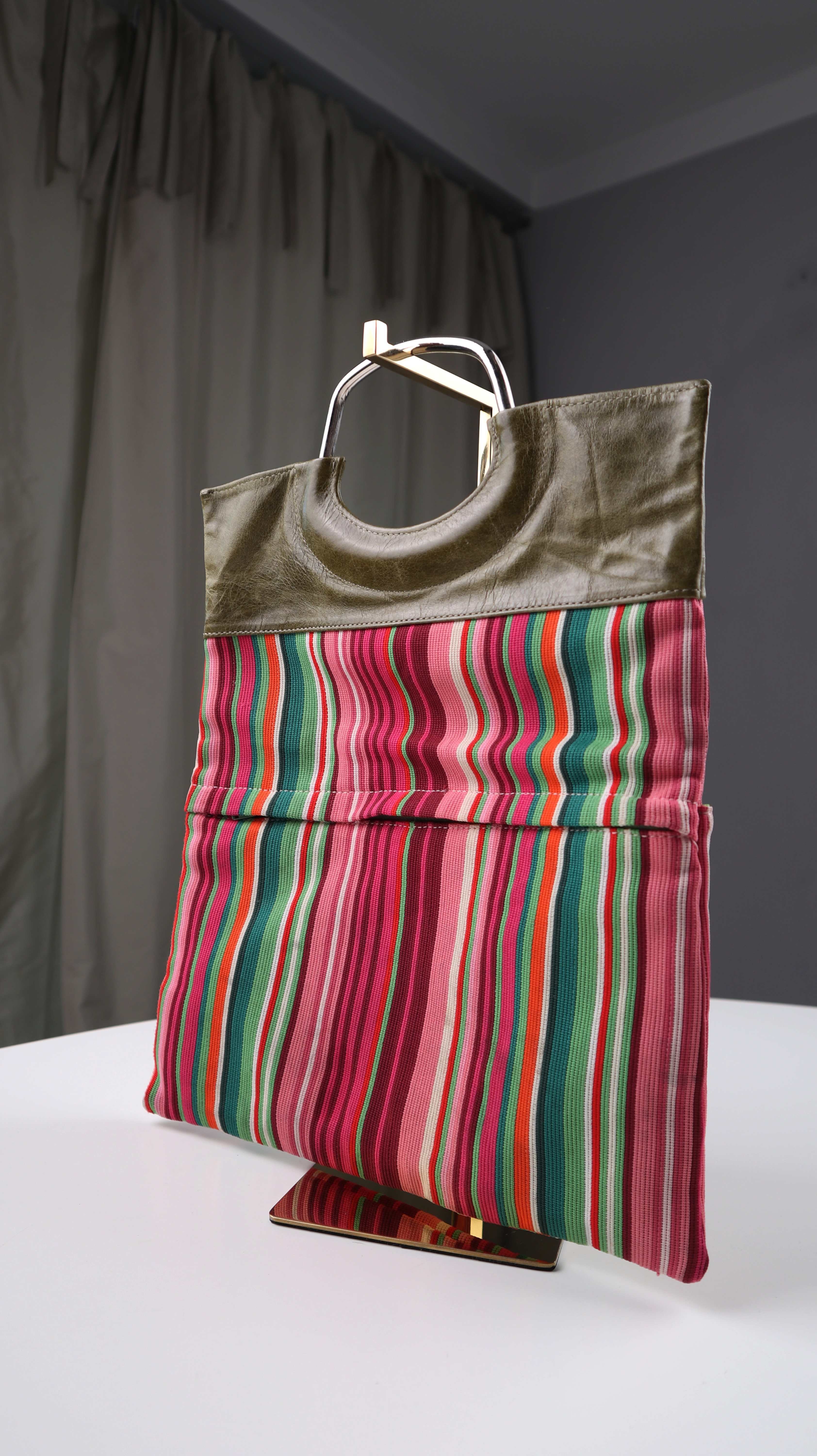 Tasche Clutch Gestreift rosa grün Handtasche Ledertasche 90s