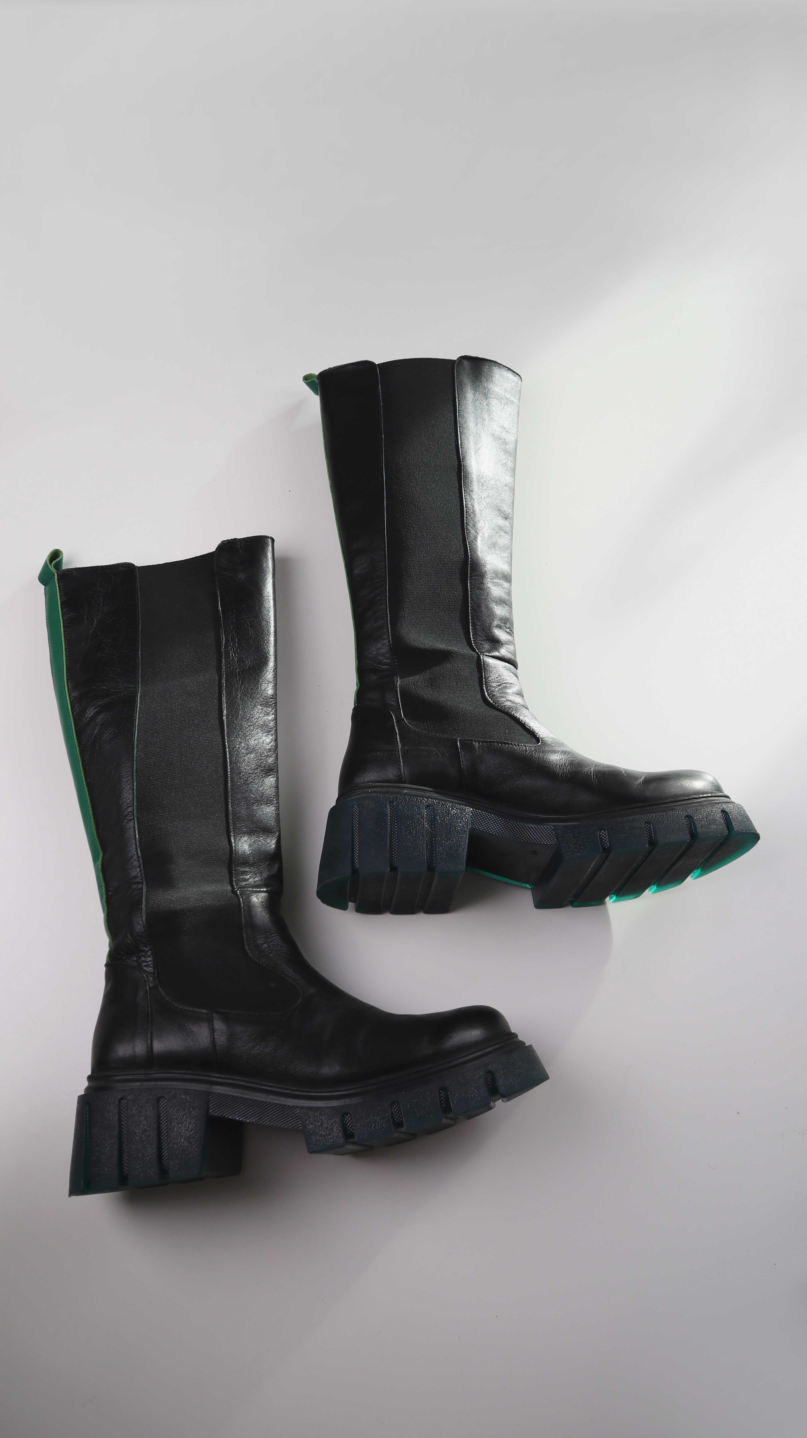 Stiefel lang schwarz 41 Lederstiefel Grün Plateau Blockabsatz