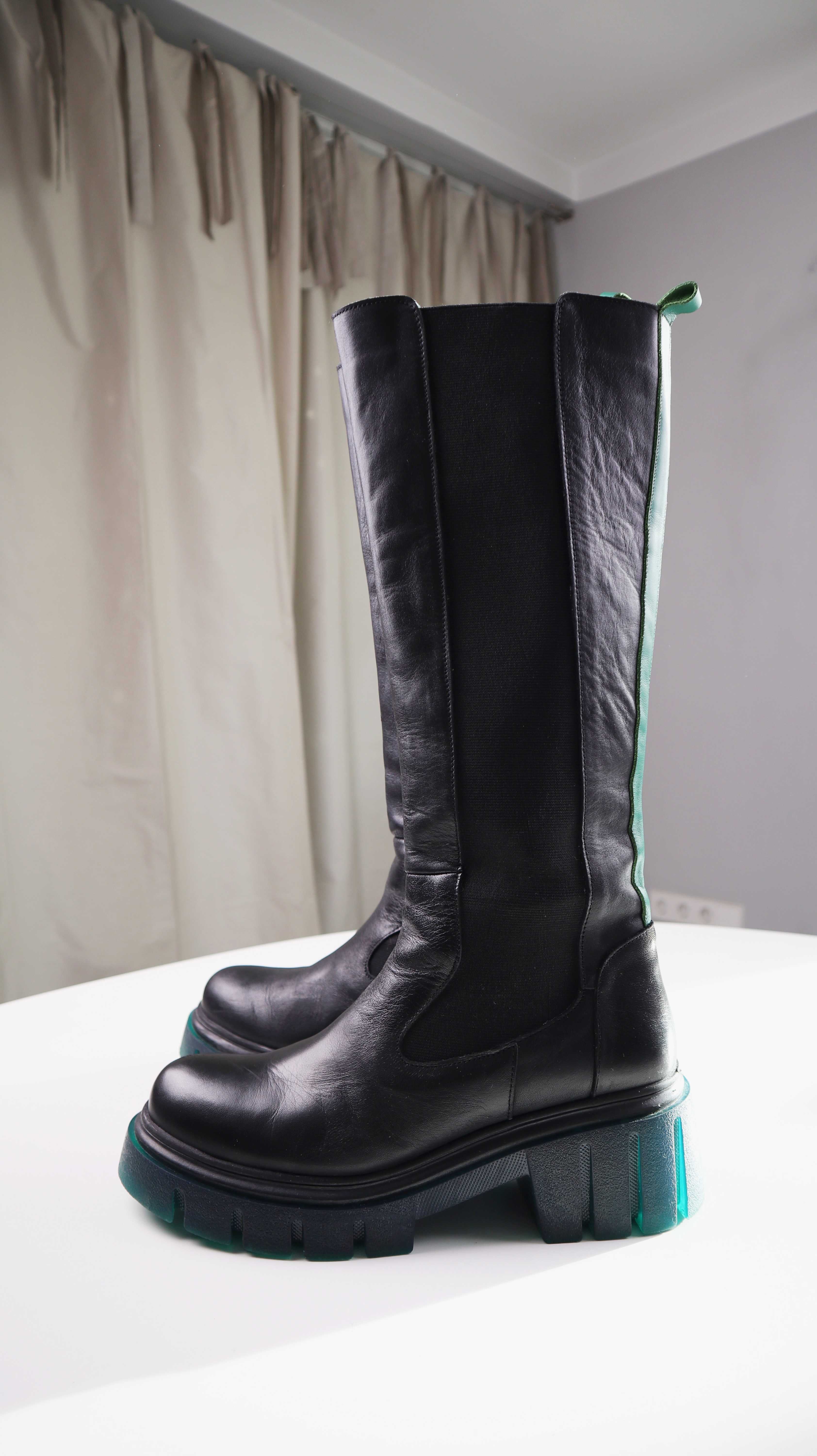 Stiefel lang schwarz 41 Lederstiefel Grün Plateau Blockabsatz