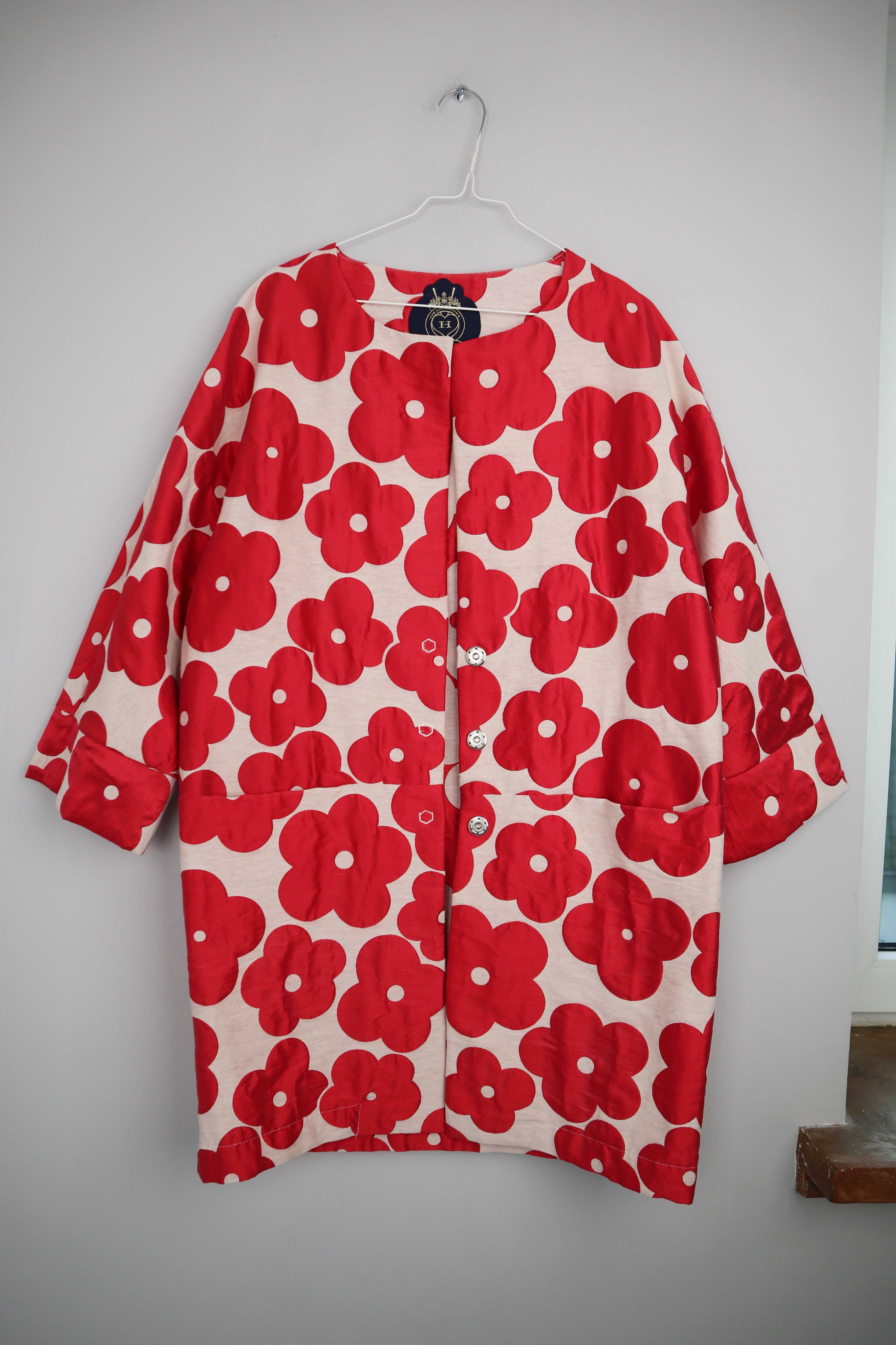 The Hackbarths Mantel rot Beige Jacke Blumen rot Staubmantel Design 38 M