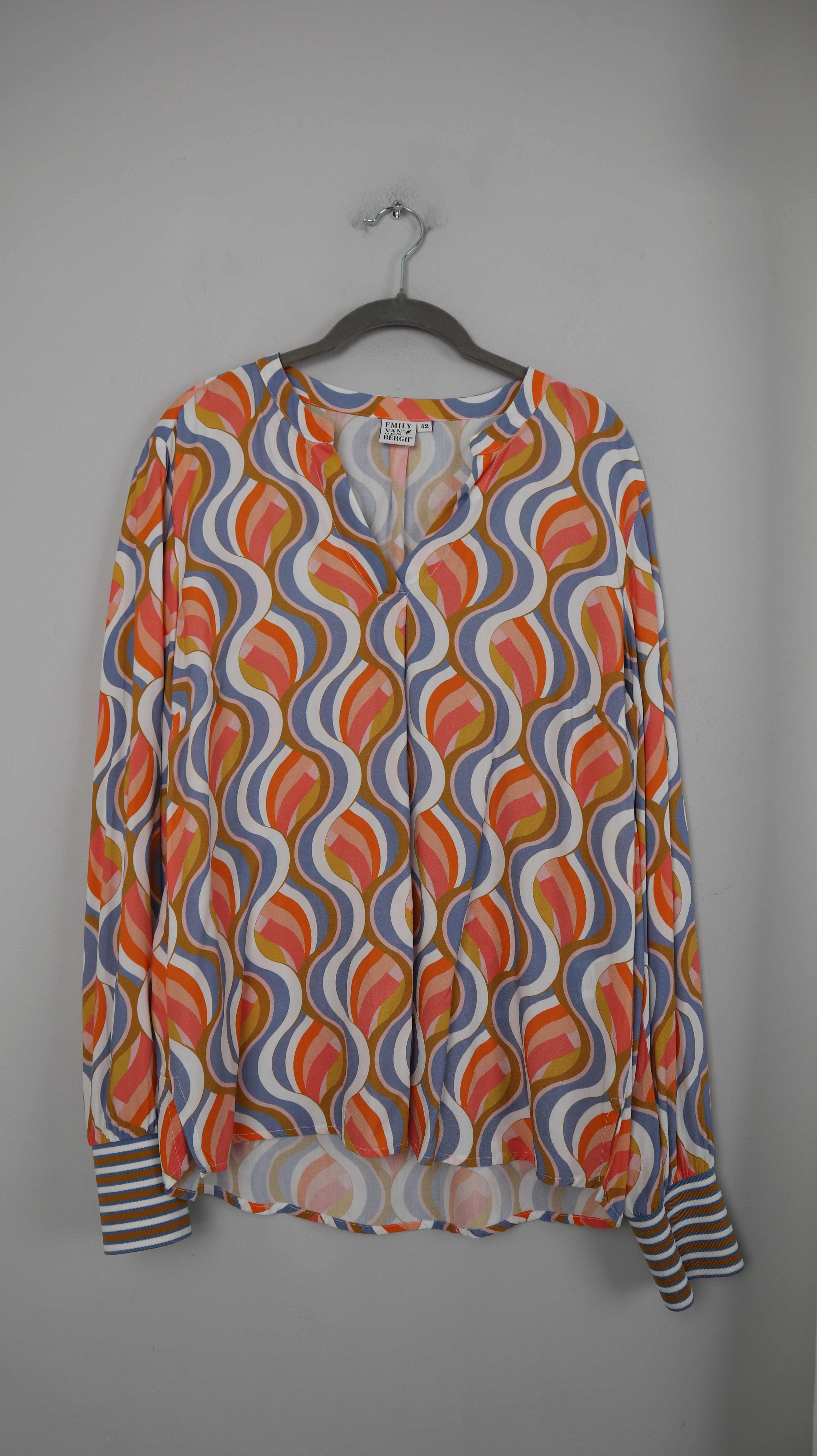 Emily van den Bergh Bluse Hemd Orange Shirt 42 XL Retro Muster Wellen