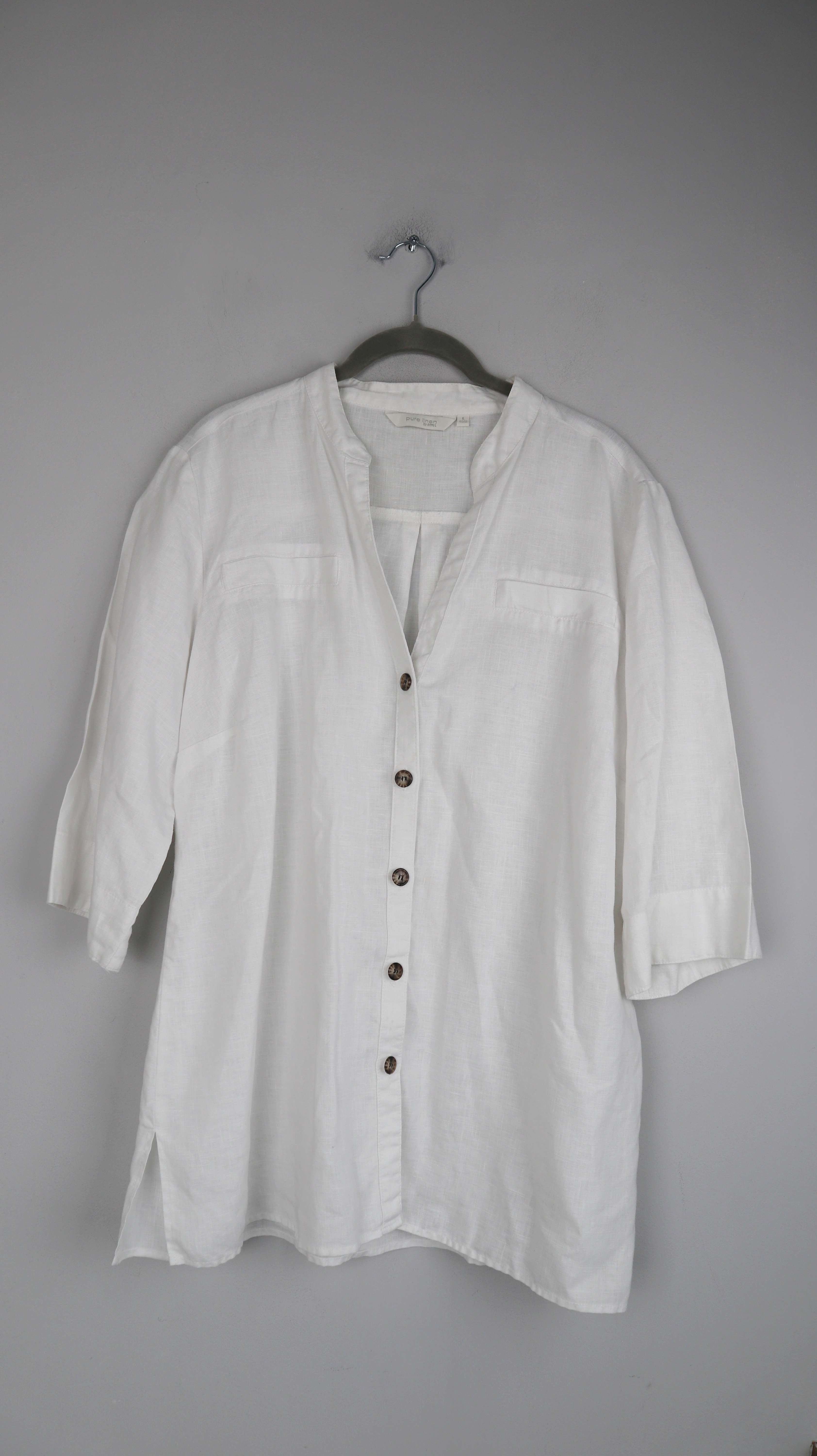 pure linen Anne L. Bluse Hemd weiß Leinenbluse L geknöpft
