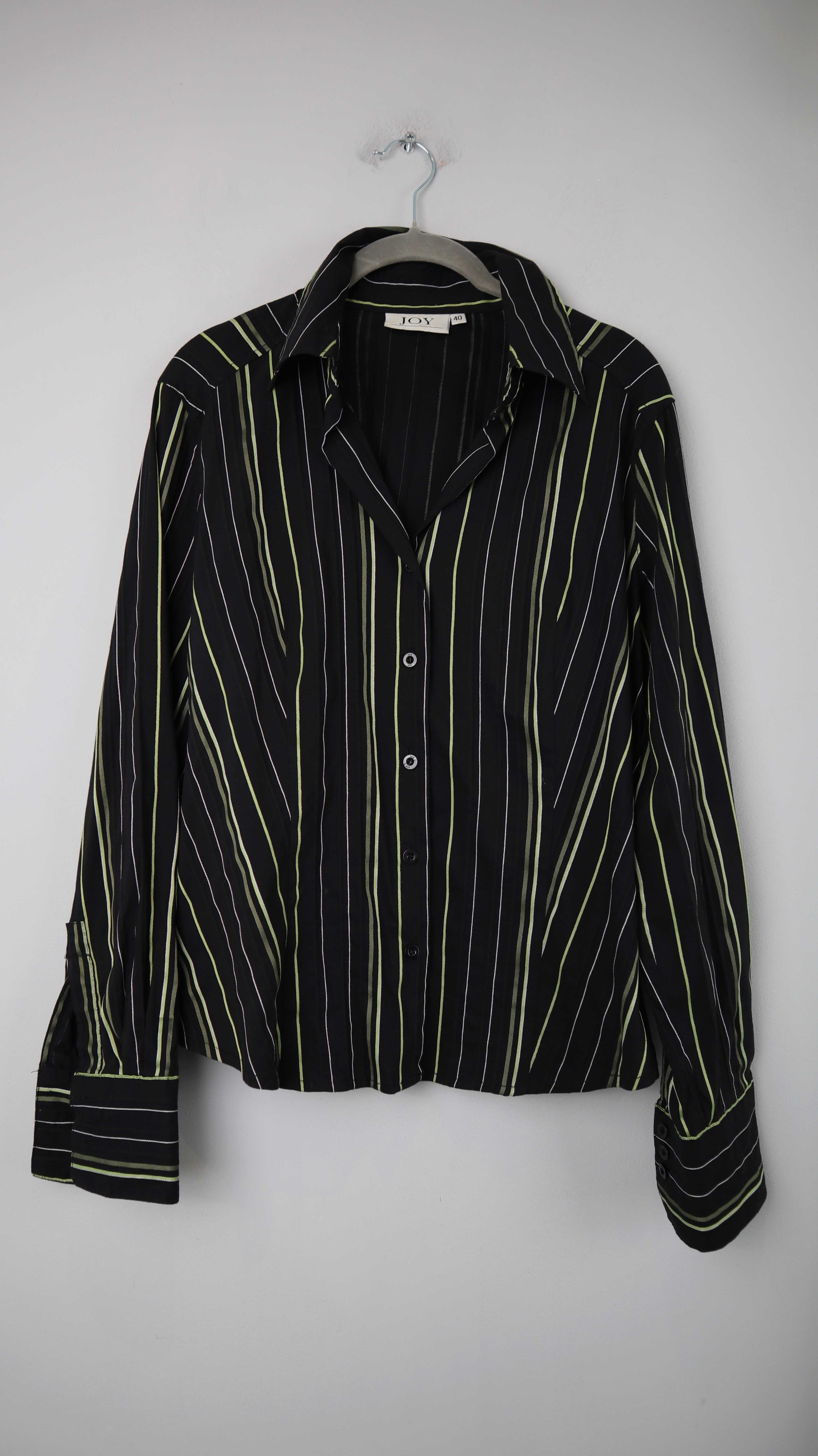 Joy Bluse Hemd schwarz grün 40 L 90s Vintage gestreift Nadelstreifen